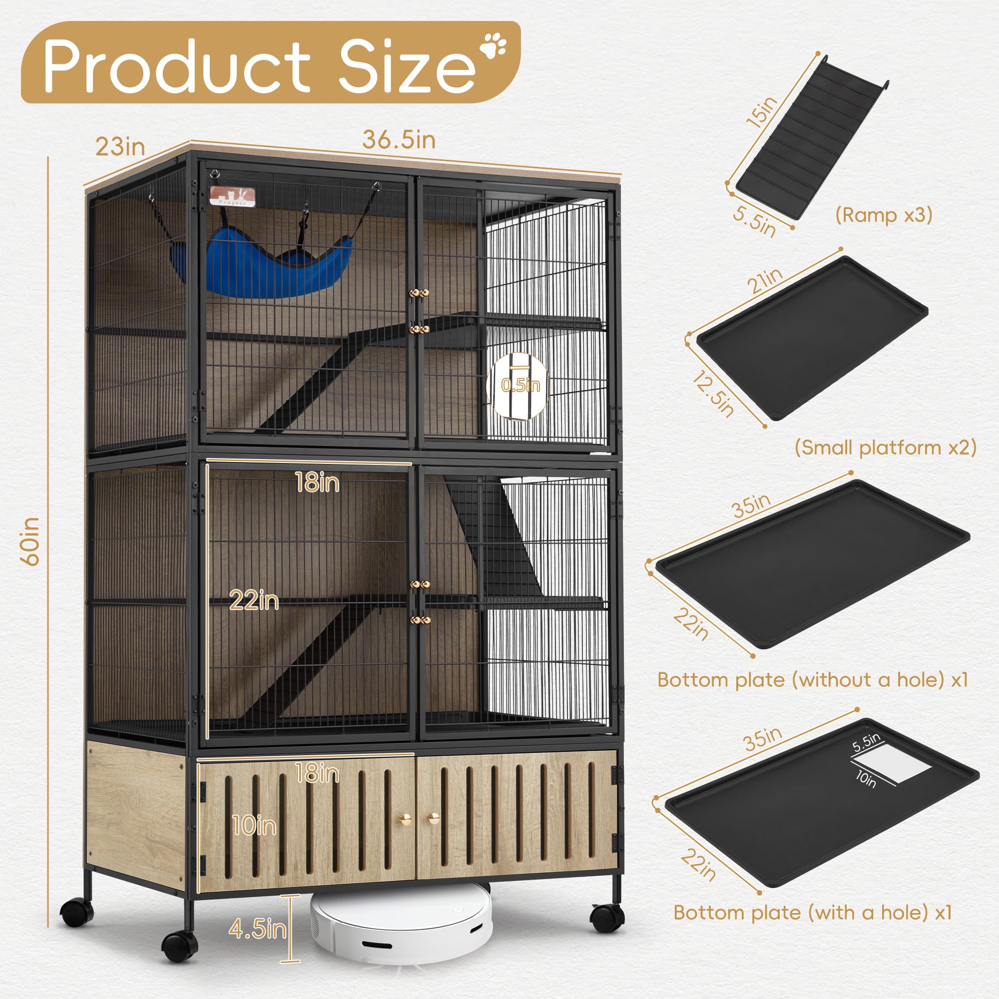 Fragess Metal Large Guinea Pig Cages 5 Levels, 60" H Rolling Ferret Cage with Removable Ramps & Double Door, Cages with Locker, Squirrel Cage Christmas Decoration Pet Crate Furniture
