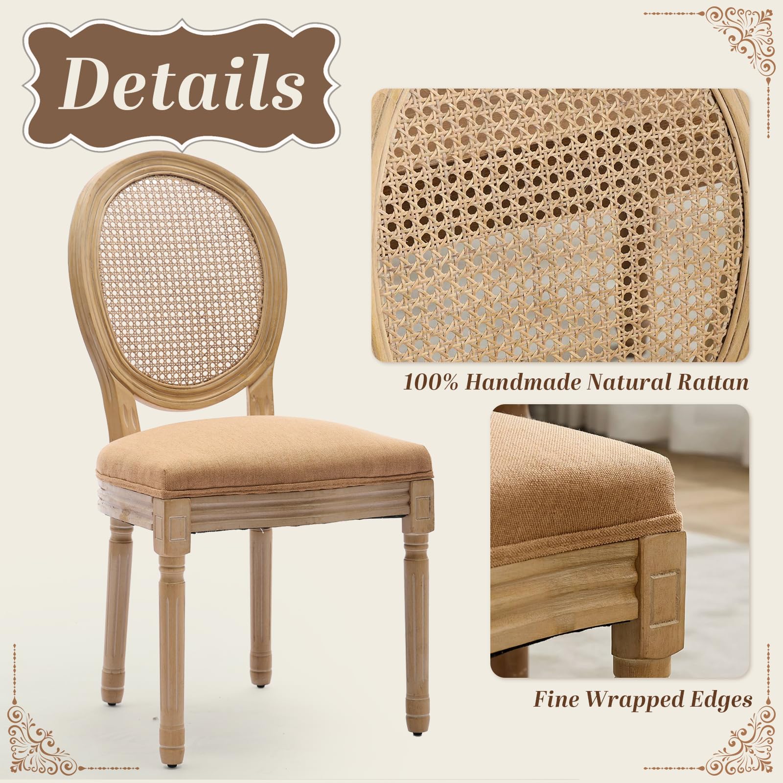 SoarFlash Linen French Dining Chairs Set of 2, Vantage Dining Chair with Round Back, Wood Leg Farmhouse Country Dining Chair for Living Room,Kitchen,Bedroom,Beige