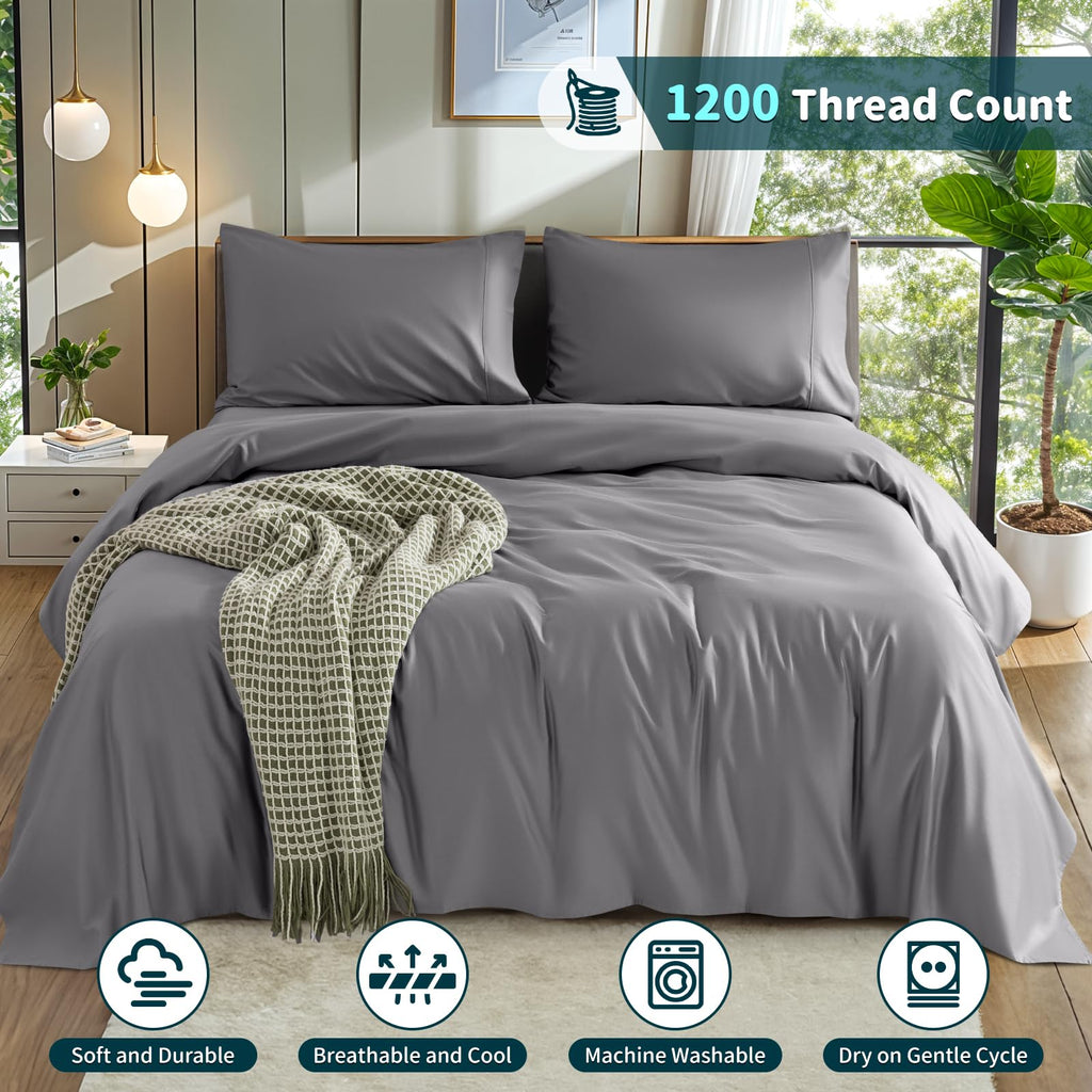 LBRO2M 100% Cotton 1200 Thread Count Full Size Sheets Set,16 inches Deep Pocket,Bed Sheet 4 Piece Sets (Black, Full)