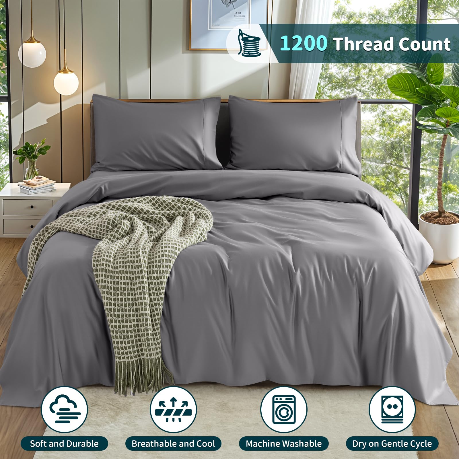 LBRO2M 100% Cotton 1200 Thread Count Full Size Sheets Set,16 inches Deep Pocket,Bed Sheet 4 Piece Sets (Black, Full)