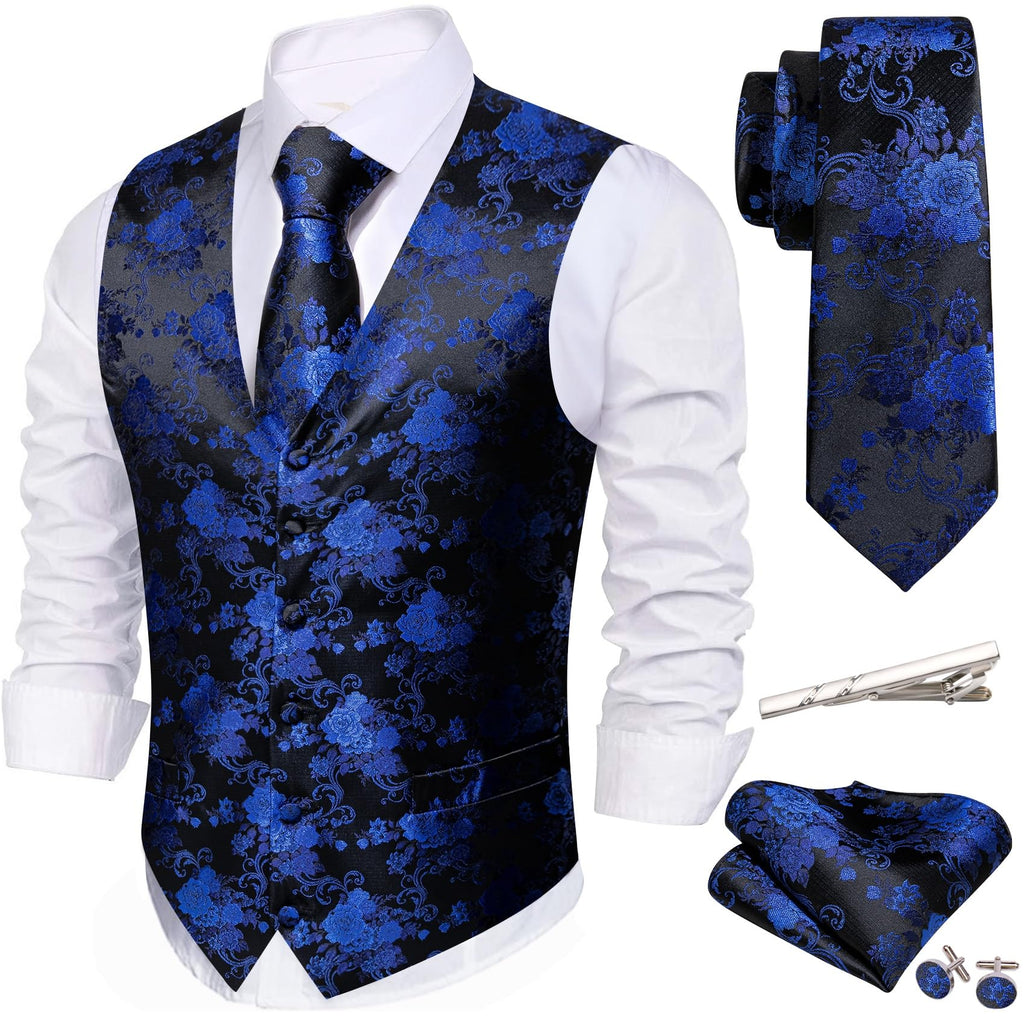 Barry.Wang Men's Suit Vest Formal/Leisure Paisley Jacquard Silk Tie Pocket Square Waistcoat Set Wedding 5PCS
