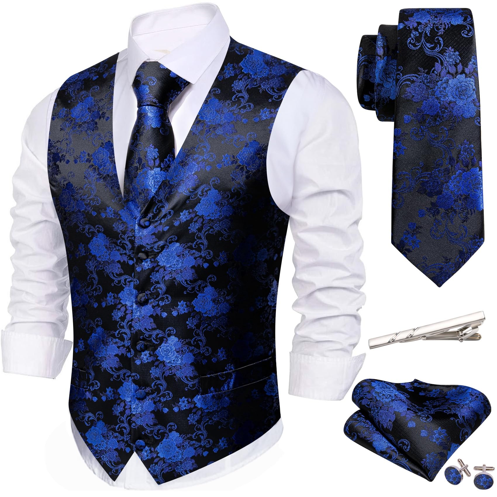 Barry.Wang Men's Suit Vest Formal/Leisure Paisley Jacquard Silk Tie Pocket Square Waistcoat Set Wedding 5PCS