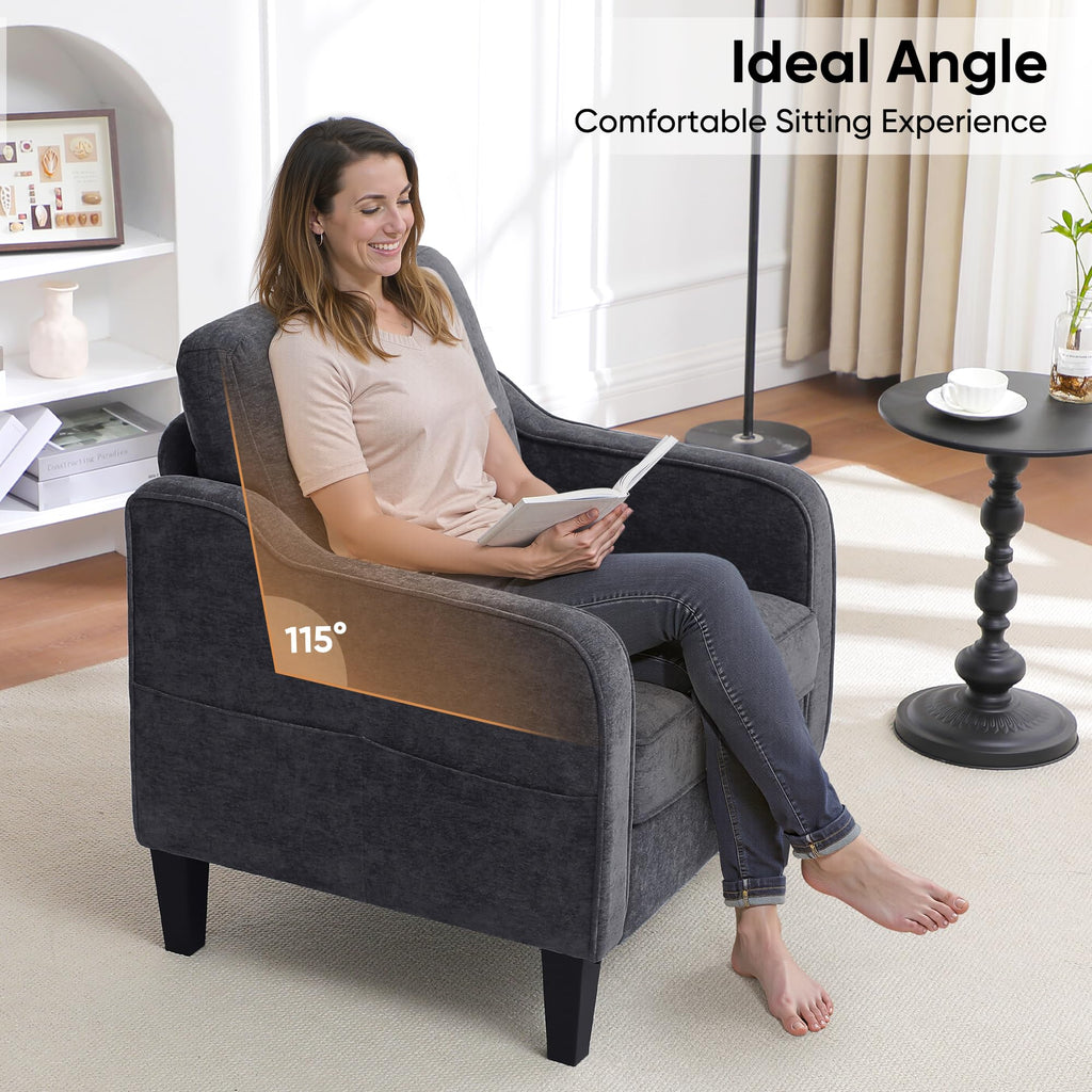 Accent Chair for Living Room, Mid Century Modern Reading Chair for Bedroom, Upholstered Armchair with Side Pockets, Comfy Single Sofa Side Chair for Office, Apartment, Small Room, Beige