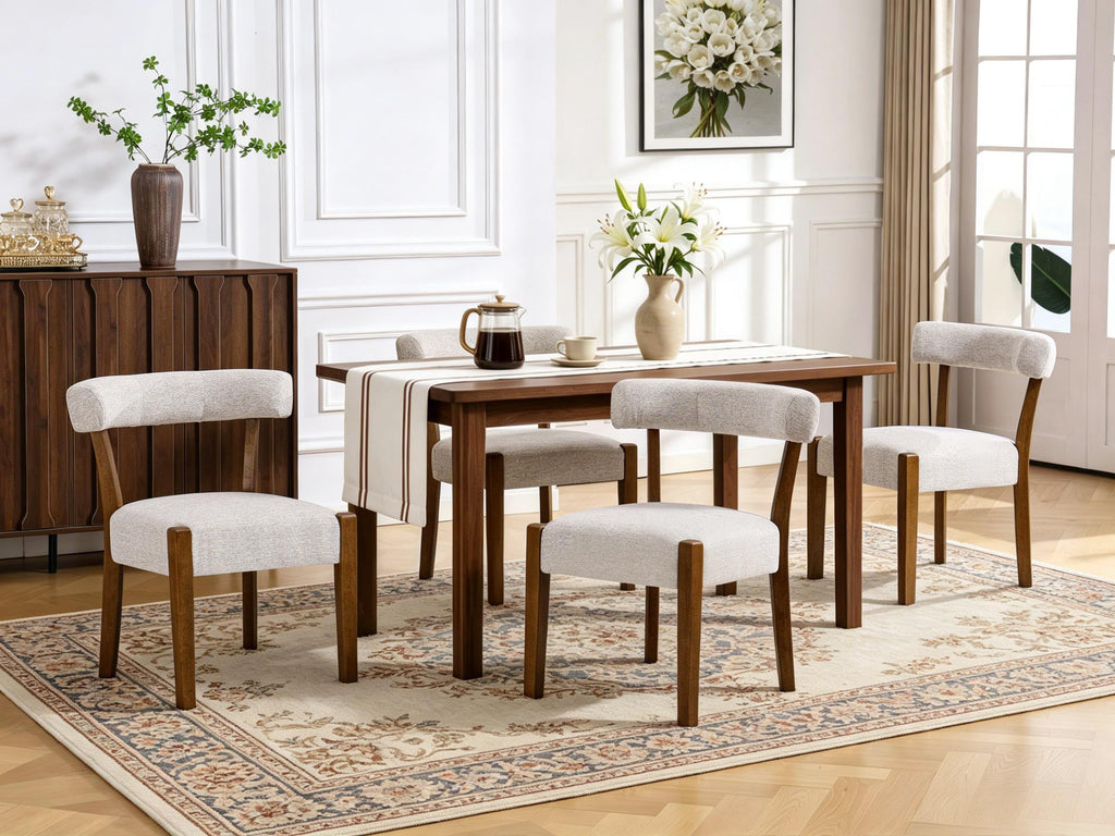 RNKSFX Upholstered Dining Chairs Set of 2, Walnut Wooden Kitchen & Dining Room Chairs, Mid Century Modern Fabric Farmhouse Dining Chairs Oversized Sturdy Rounded Chairs Curved Back, Beige Fabric