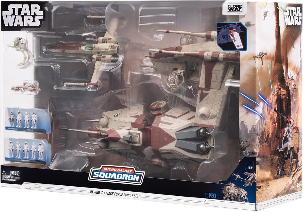 Star Wars Micro Galaxy Squadron Republic Attack Force Bundle Set - Deluxe Battle Pack with Five Vehicles Nine 1-Inch Micro Figure Accessories