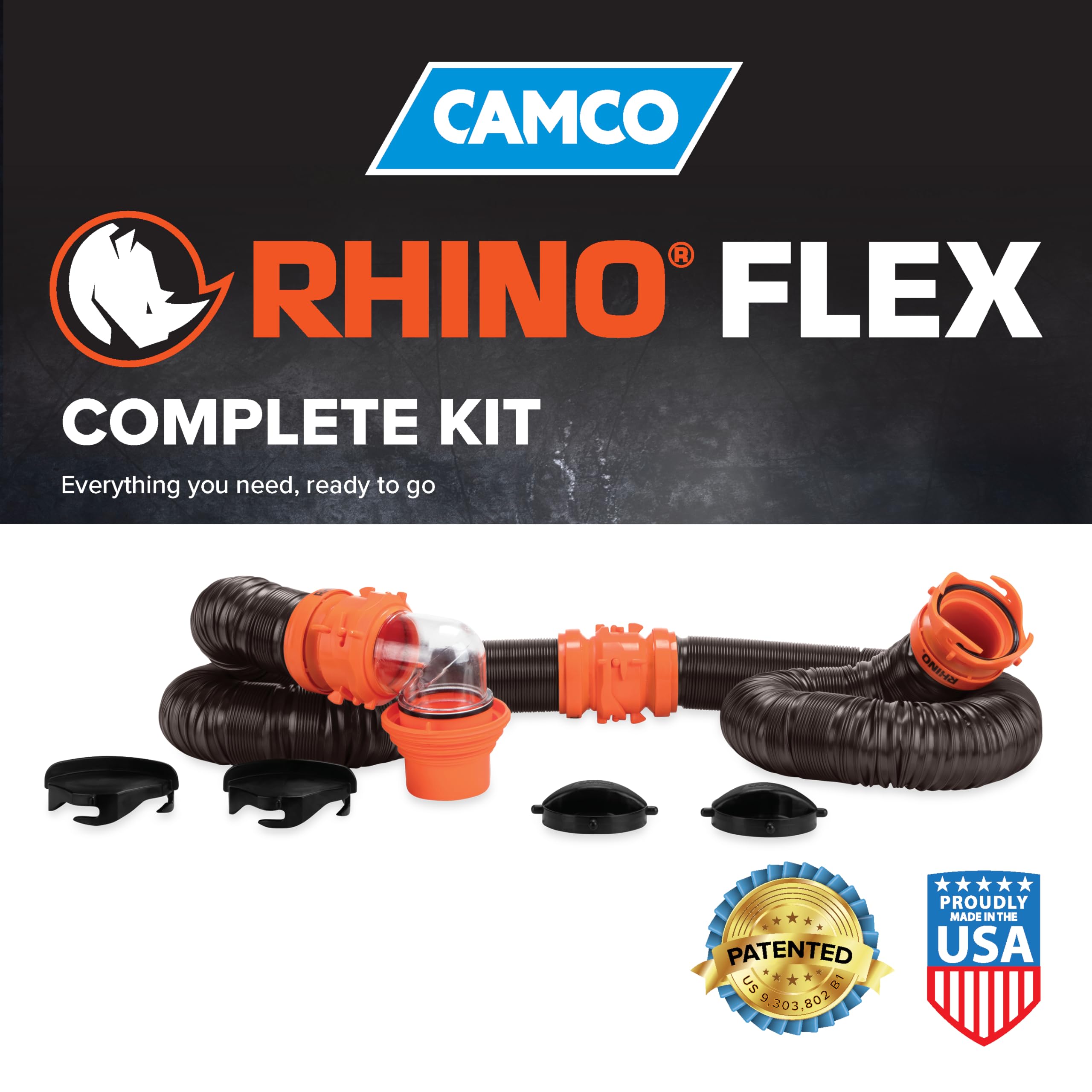 Camco RhinoFLEX 15' RV Sewer Hose Kit — Includes 4-in-1 Adapter, Clear Elbow, & Caps — Connects to 3″ Slip & 3″, 3 1/2″, 4″ NPT Threaded Sewer Connections (39770)