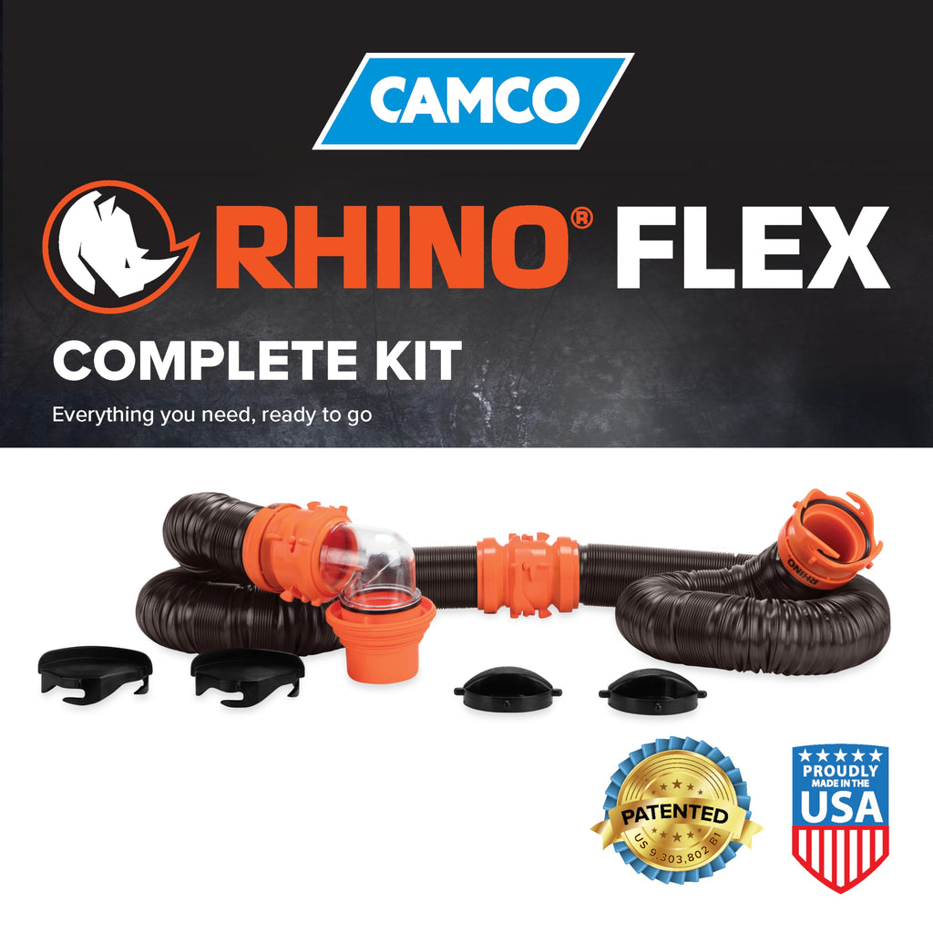 Camco RhinoFLEX 15' RV Sewer Hose Kit — Includes 4-in-1 Adapter, Clear Elbow, & Caps — Connects to 3″ Slip & 3″, 3 1/2″, 4″ NPT Threaded Sewer Connections (39770)