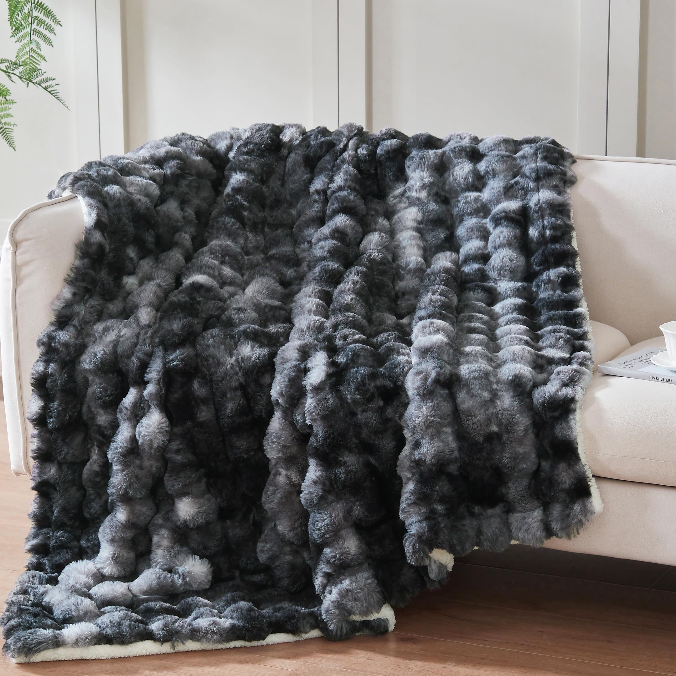 50x60 Inches Ultra-Soft Fuzzy Faux Fur Plush Throw Blanket - Thick, Warm Sherpa for Couch, Sofa, Bedroom, Camping - Decorative Blanket for Cozy Warmth, Bubble Grey
