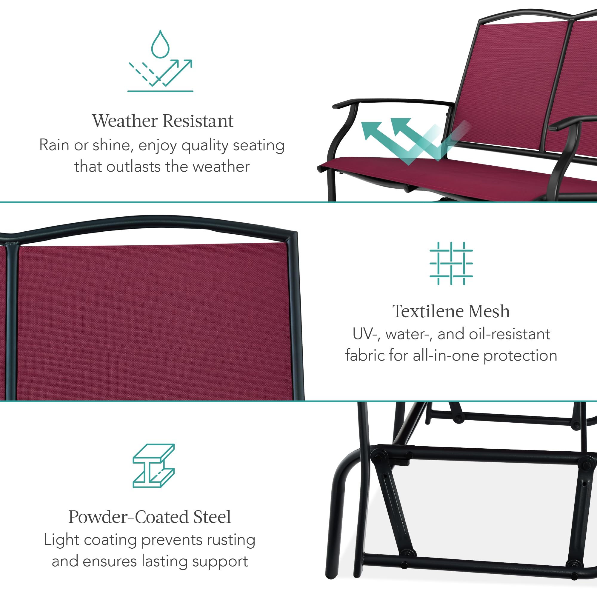 Best Choice Products 2-Person Outdoor Patio Swing Glider Steel Bench Loveseat Rocker for Deck, Porch w/Textilene Fabric, Steel Frame - Black
