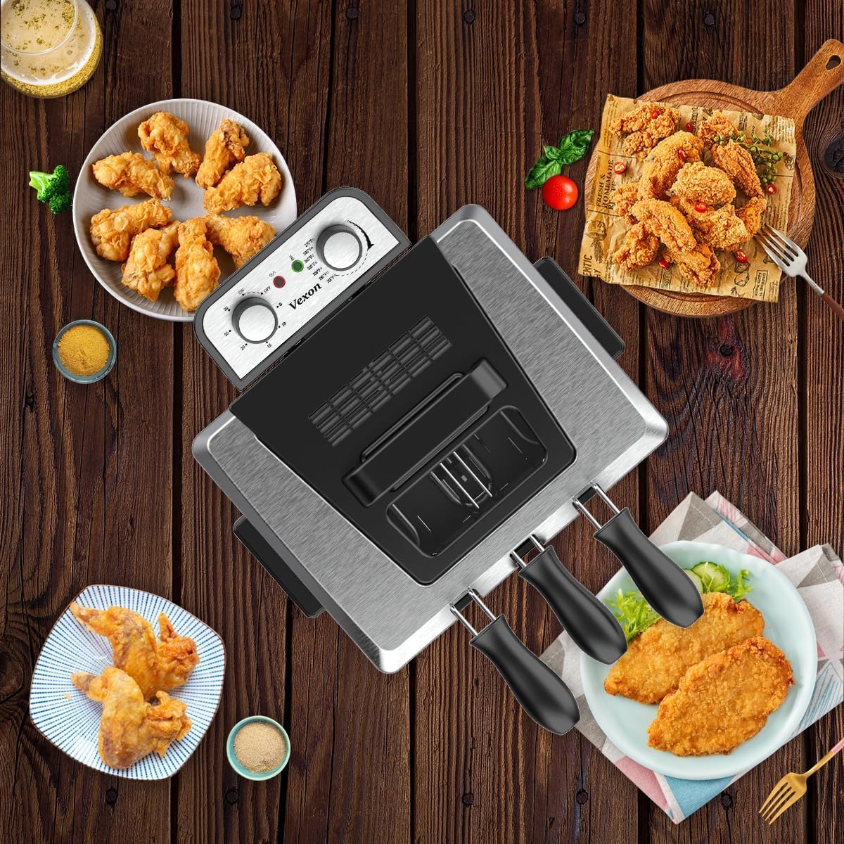 1800W 5 Liters/21 Cups Large Electric Deep Fryer with 3 Frying Baskets, Adjustable Temperature,View Window Lid,Countertop Stainless Steel Body Deep Fryer Pot,Perfect for Kitchen, Fry Fish for Home Use