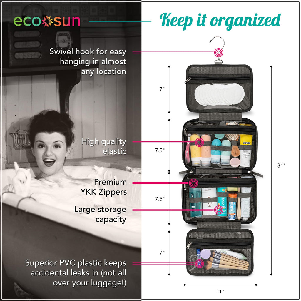 Eco Sun Hanging Travel Toiletry Bag — Designed in Hawaii — Water-resistant Travel Organizer for Bathroom Accessories (Black)