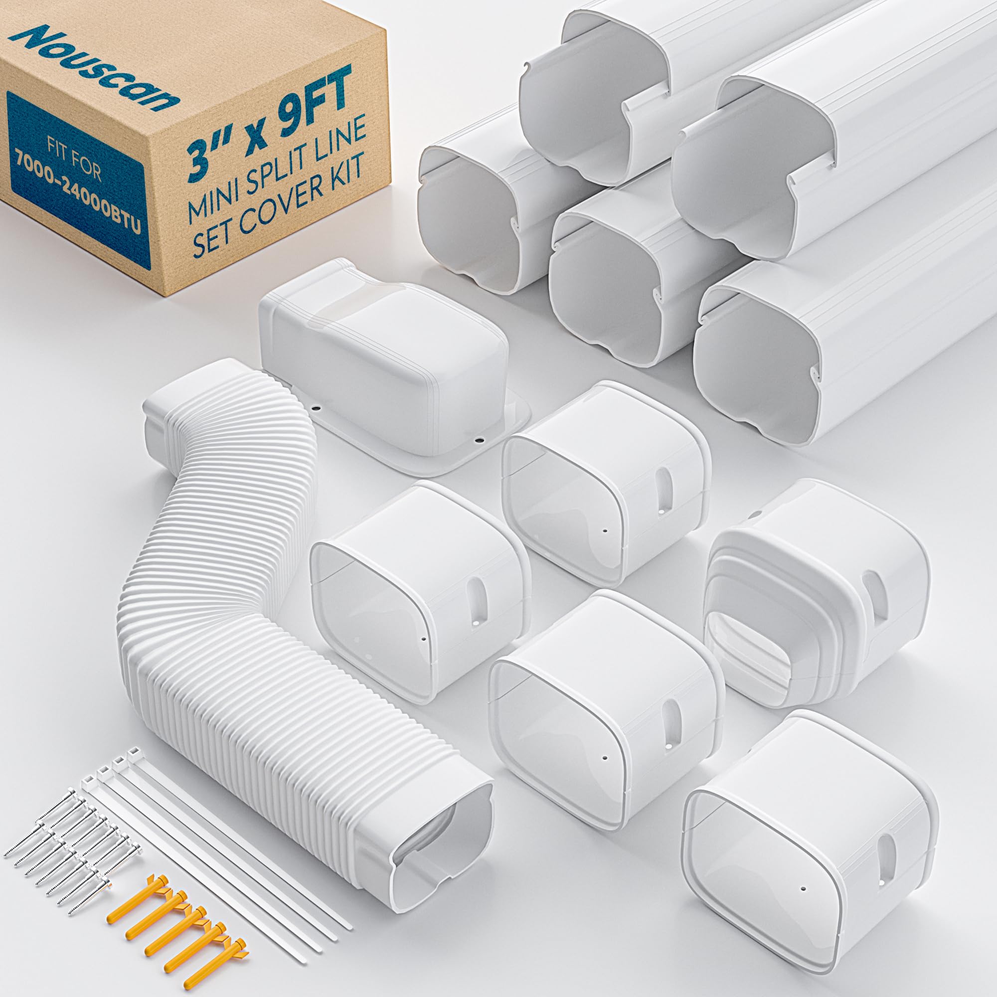 3'' x 9Ft Mini Split Line Set Cover with Flexible Duct, Upgrade PP Decorative Minisplit Lineset Cover Kit, Line Hide for Mini Split, Air Conditioner, Central AC, HVAC and Heat Pumps, Brown