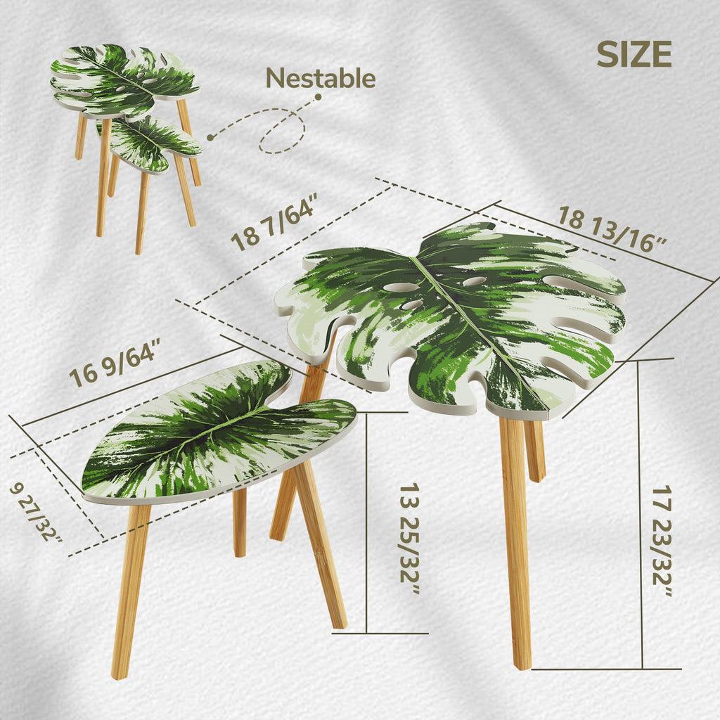 BAMEOS Monstera Leaf Nesting Tables Set of 2, Small Side Tables f Set with Leaf Vein Pattern, Modern Wooden CoffeeTables for Living Room Bedroom Apartment Balcony Yard