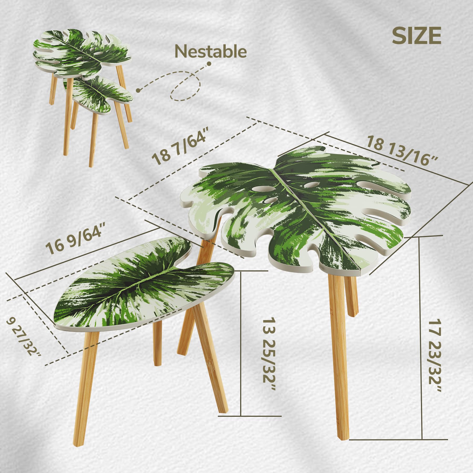 BAMEOS Monstera Leaf Nesting Tables Set of 2, Small Side Tables f Set with Leaf Vein Pattern, Modern Wooden CoffeeTables for Living Room Bedroom Apartment Balcony Yard