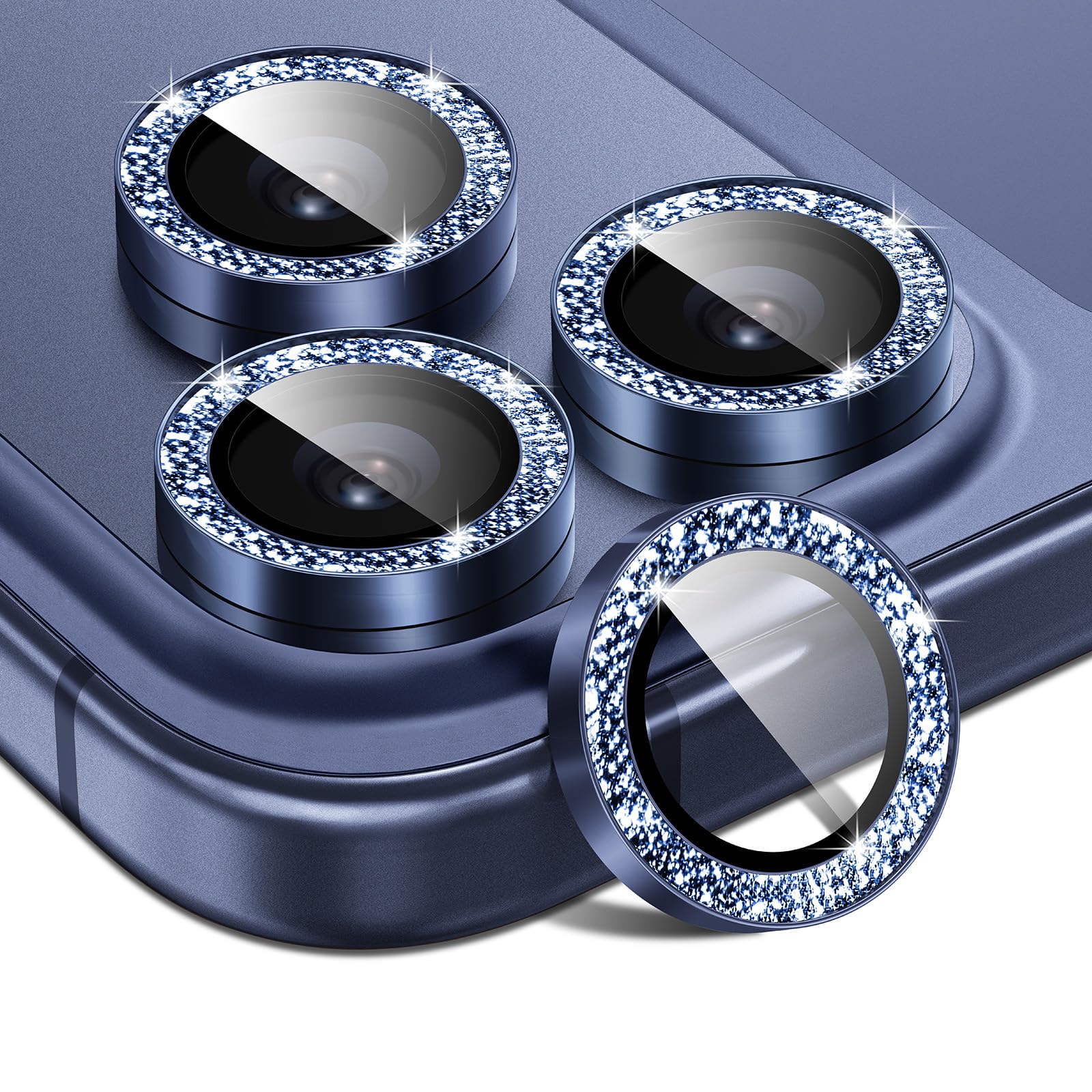 Matekxy Glitter Camera-Lens Protector for iPhone-16 Pro-Max - 16 Pro Anti-Scratch Tempered Glass with Aluminum Edging, Cute Girly Metal Individual Bling Ring Cover for Women, Black Titanium