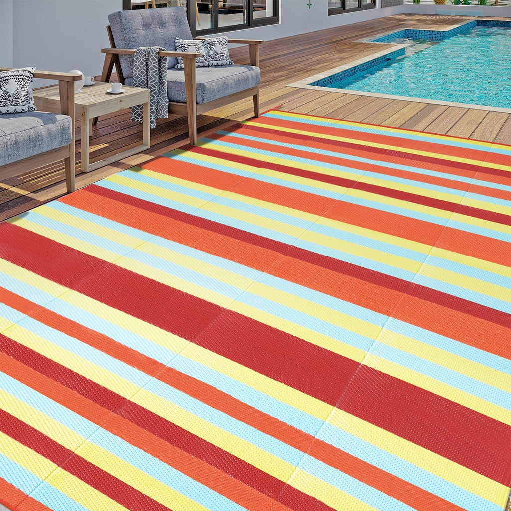HUGEAR Outdoor Patio Rug 3'x5' Waterproof Outside Area Rugs Blue Reversible Plastic Straw Carpet for RV Deck Camping Entryance Porch Picnic Balcony Beach