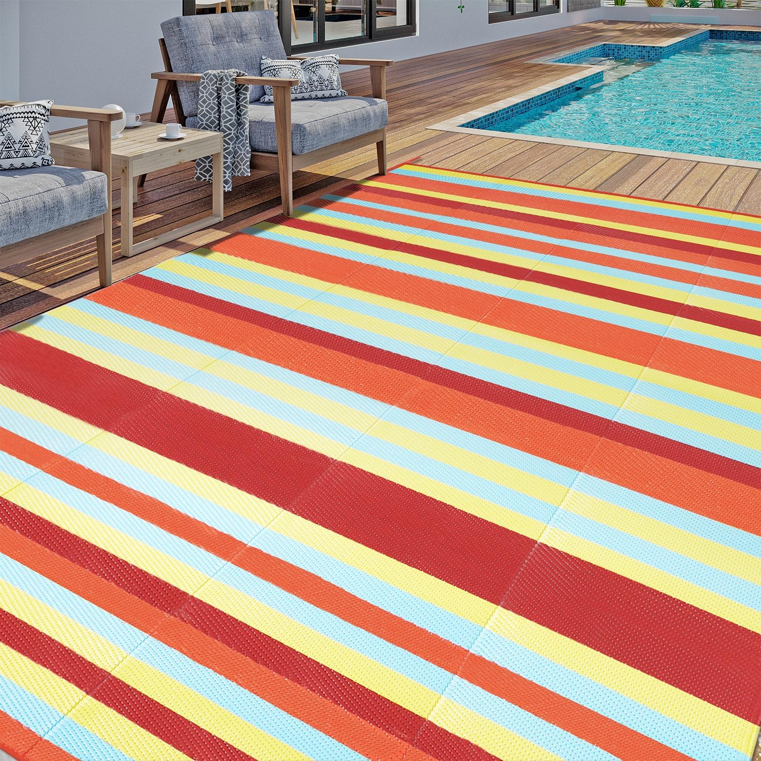 HUGEAR Outdoor Patio Rug 3'x5' Waterproof Outside Area Rugs Blue Reversible Plastic Straw Carpet for RV Deck Camping Entryance Porch Picnic Balcony Beach