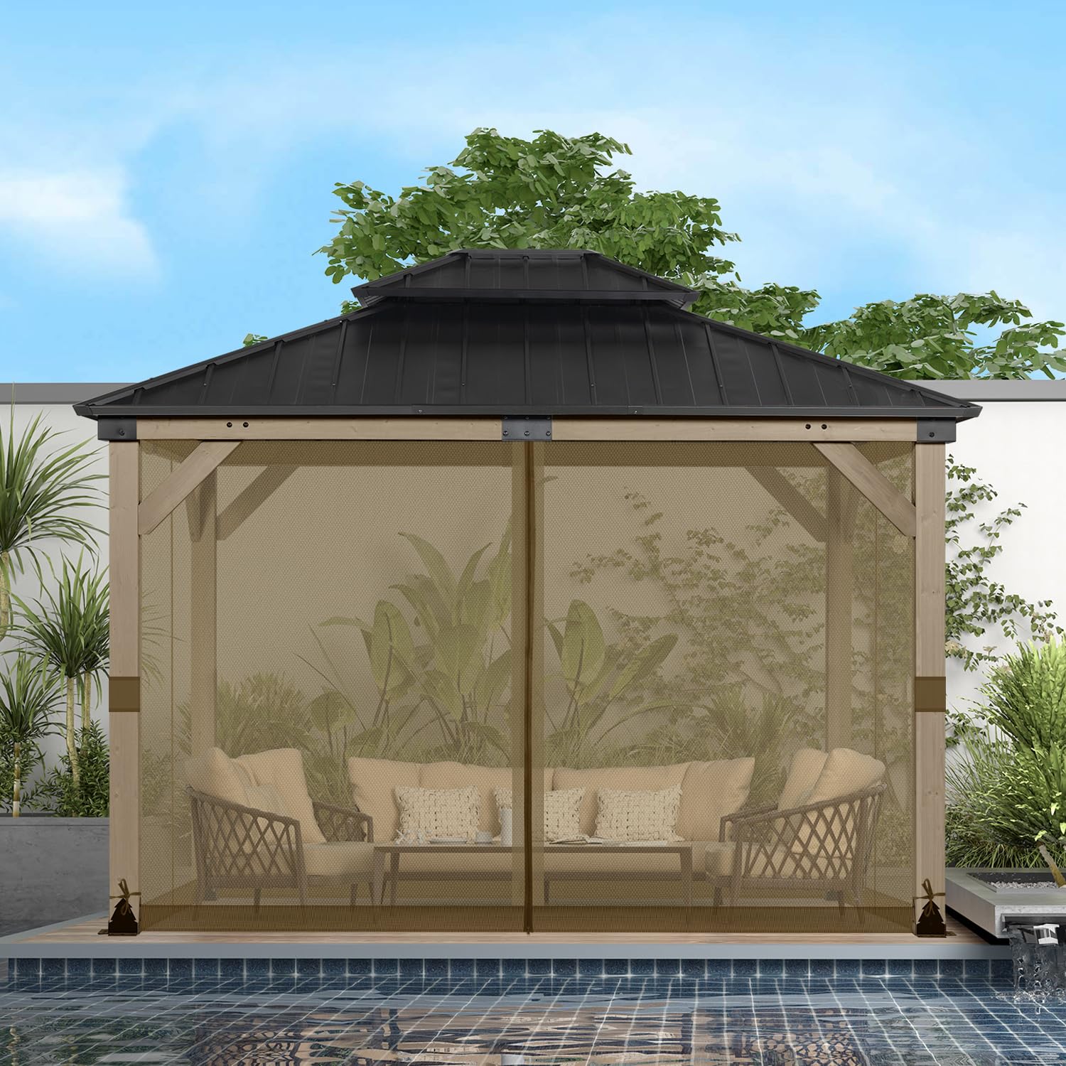 BPS 10' x 10' Gazebo Universal Mosquito Netting Screen Replacement, 4-Panel Mesh Screen Walls with Double Zippers for Outdoor Patio, Khaki (Mosquito Net Only)