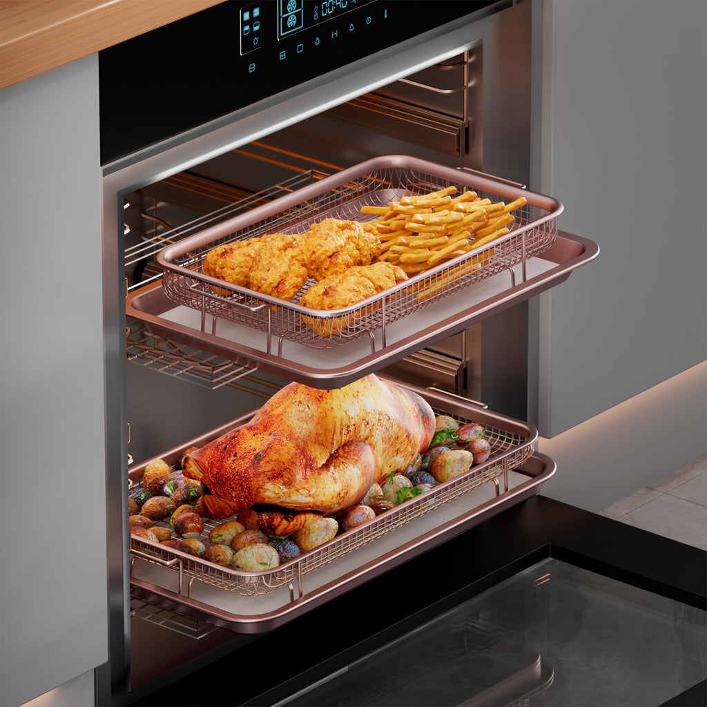 Air Fryer Basket for Oven, Large14.88"×10.98"Air Fryer Pans for Convection Oven with 30 Sheet Parchment Papers, THORSES Non-Stick Stainless Steel Air Fryer Basket and Tray for Multi Cooking - Black