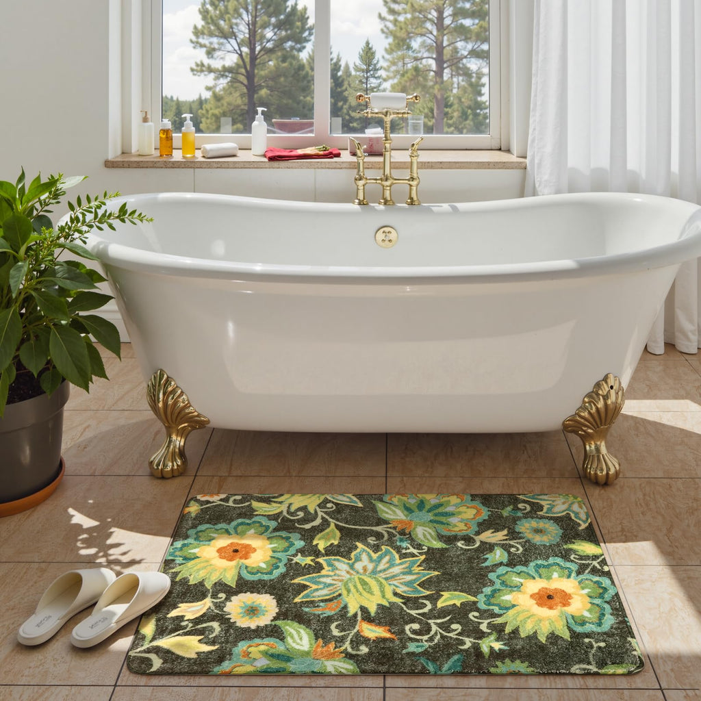 Lahome Floral Washable Area Rugs - 2x3 Non-Slip Small Entryway Rug Indoor, Throw Stain Resistant Kitchen Rugs Soft Black Paisley Print Bathroom Mats DoorMat Carpet for Bedroom Laundry Living Room Sink