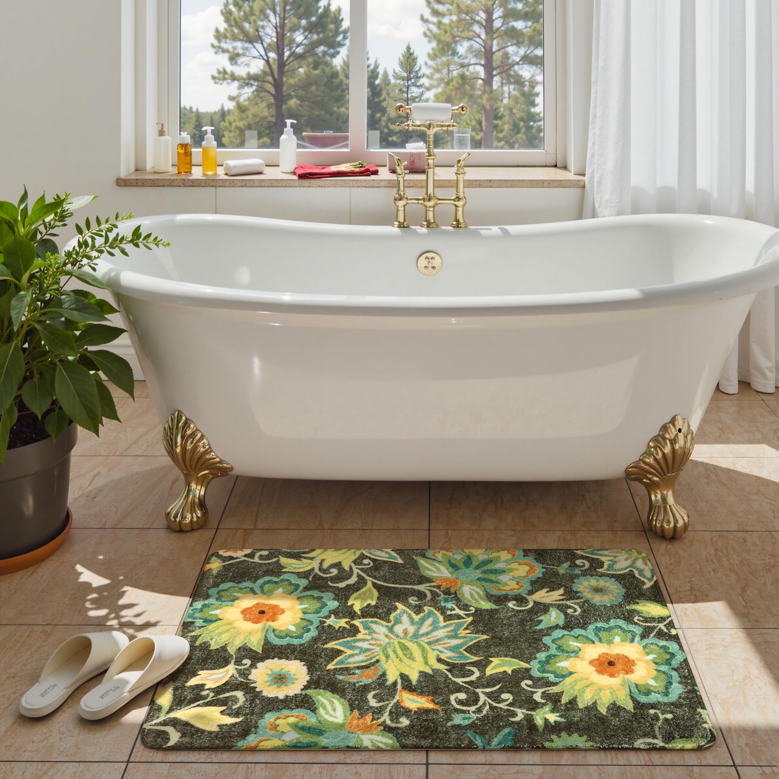 Lahome Floral Washable Area Rugs - 2x3 Non-Slip Small Entryway Rug Indoor, Throw Stain Resistant Kitchen Rugs Soft Black Paisley Print Bathroom Mats DoorMat Carpet for Bedroom Laundry Living Room Sink