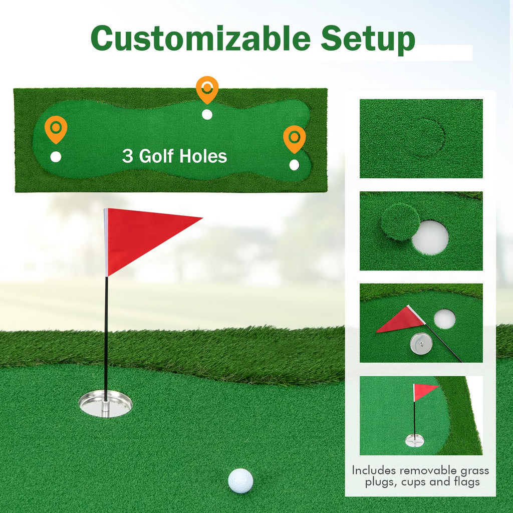 Tangkula 10 FT Golf Putting Green, Large Professional Golf Training Mat with Realistic Artificial Grass Turf, 3 Holes, 3 Flags and Cups for Indoor Outdoor Putting Practice