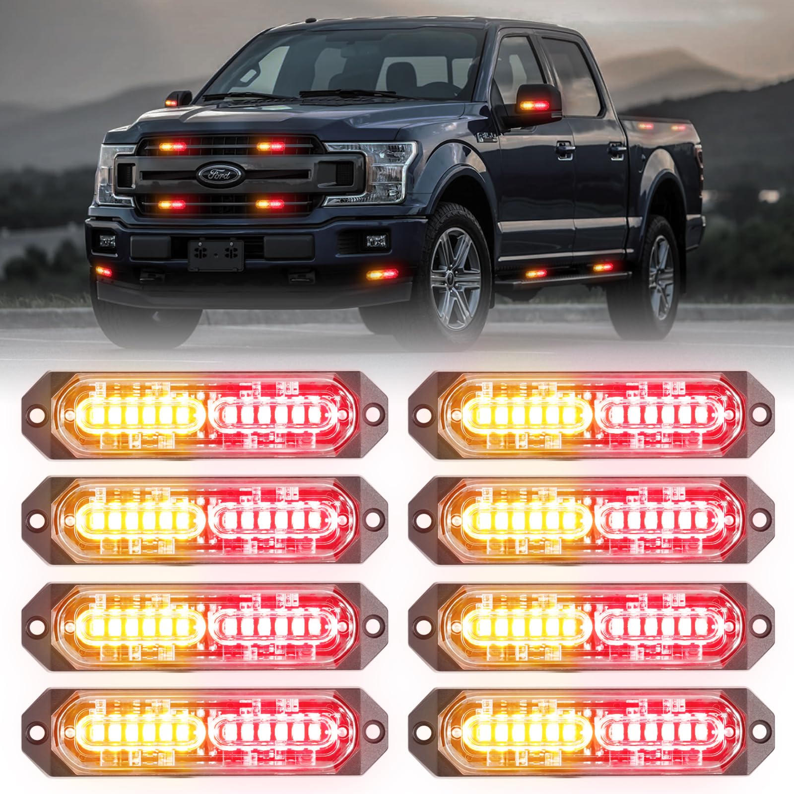 8-Pcs 12 LED Sync Feature Emergency Strobe Grille Lights Ultra Slim Surface Mount Hazard Warning Flashing Light Bar for Firefighter/Construction/Police/Trucks/Vehicles/Car/SUV (Amber/White)