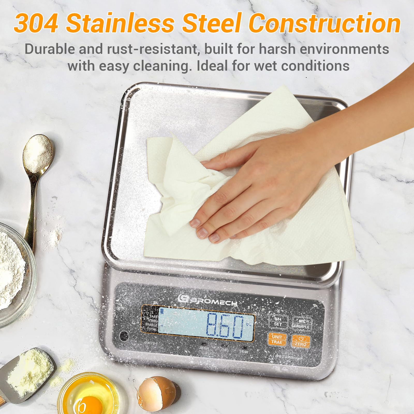 Food Scale Pound and Ounce, Rechargable, Commercial Grade, Stainless Steel Platform, for Meat Shop, Deli, Produce Market (66lb)