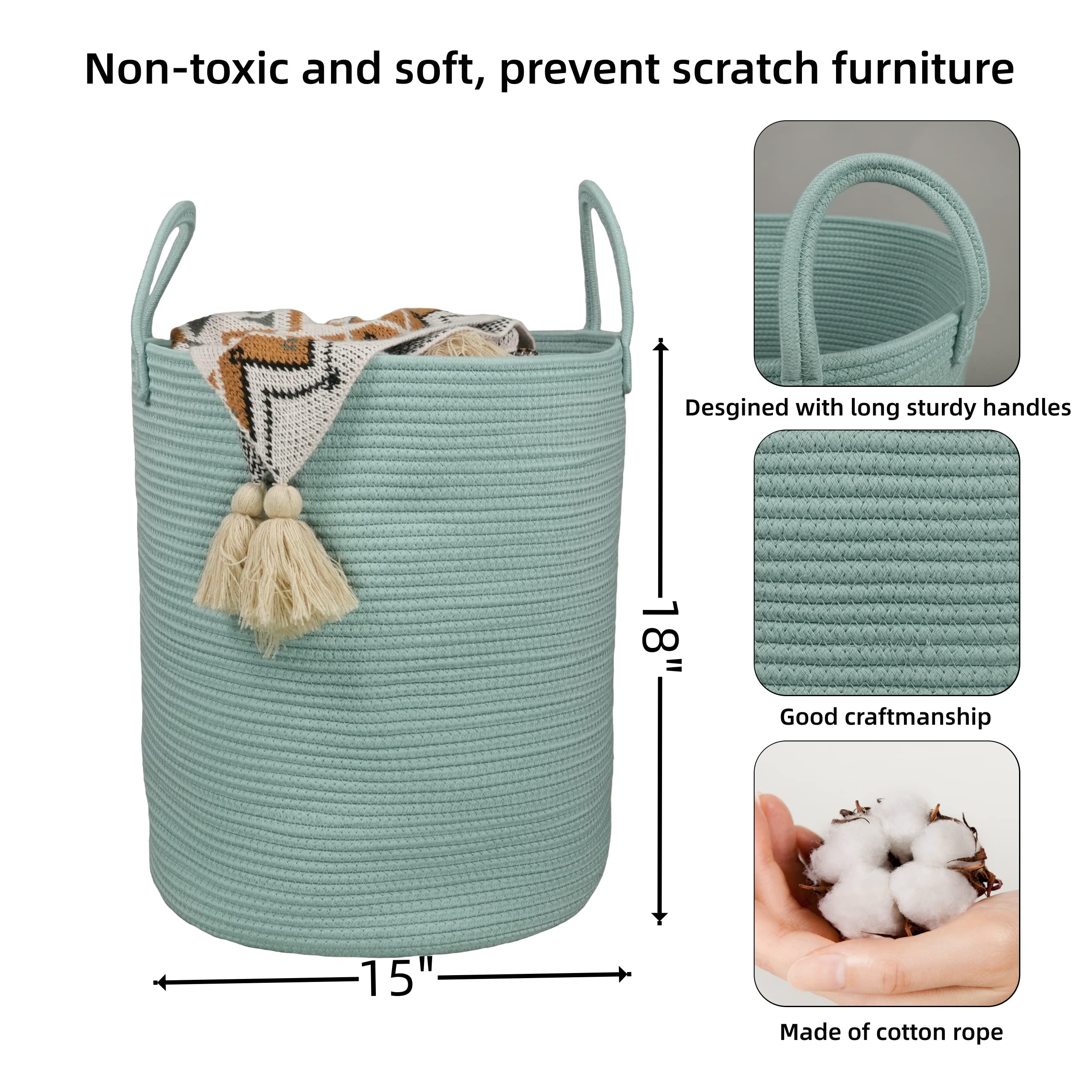 XUANGUO Black Cotton Rope Laundry Basket Hamper for Clothes Woven Storage Basket for Living Room Bedroom Boho Tall Rope Baskets for Blanket Toys Pillow Towels Baby Nursery Hamper Bin Large