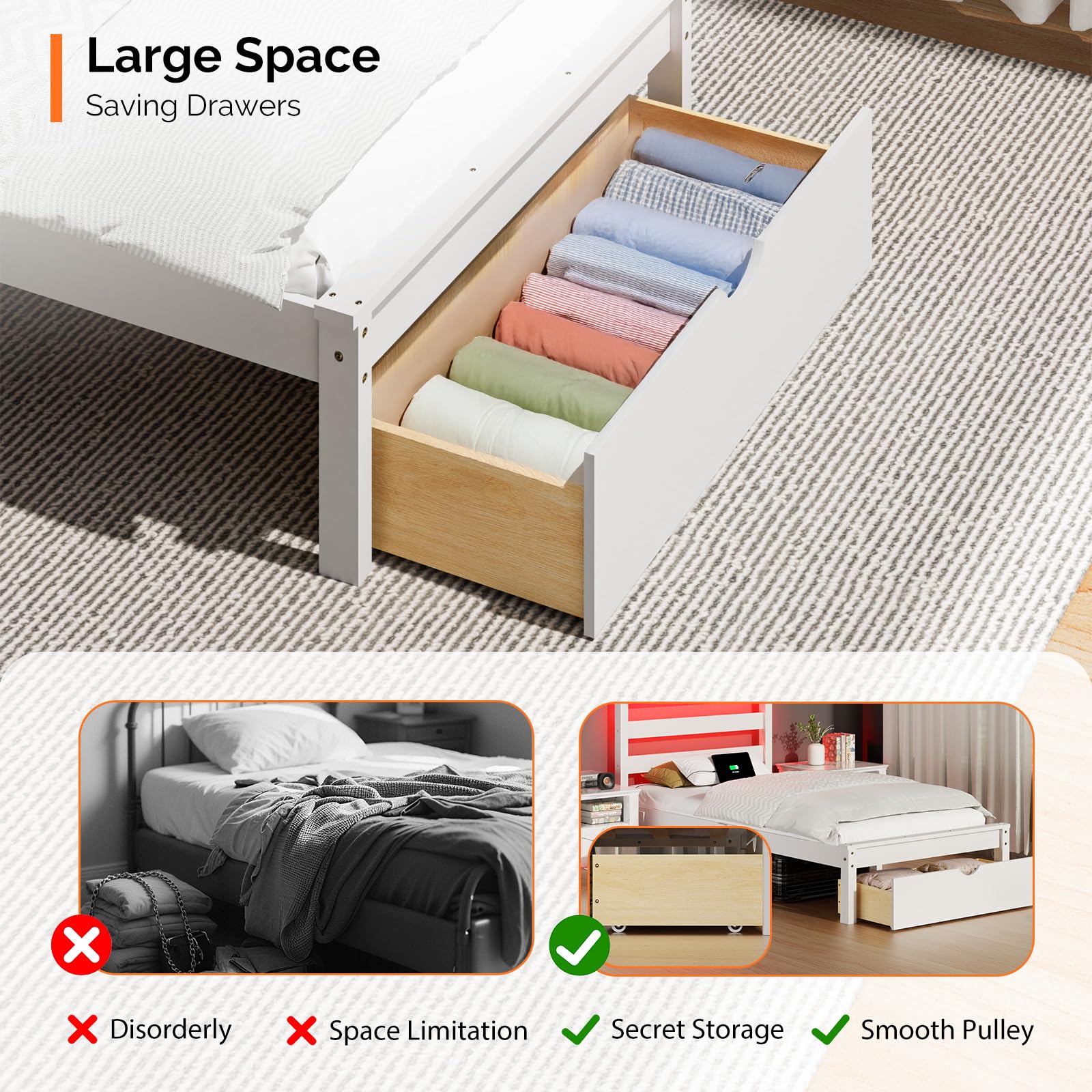 Bonnlo Twin Size Solid Wood Platform Bed Frame, Single Bed with Headboard, No Box Spring Needed Panel Bed, Wood Slat Support Mattress Foundation, White