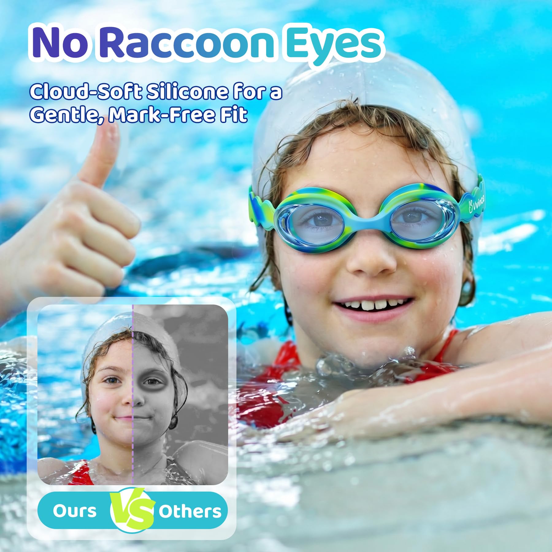 Vvinca Kids Swim Goggles with Fabric Strap No Tangle Pain-Free, Anti-Fog Swimming Pool Goggle No Leak for Toddlers Girls Boys