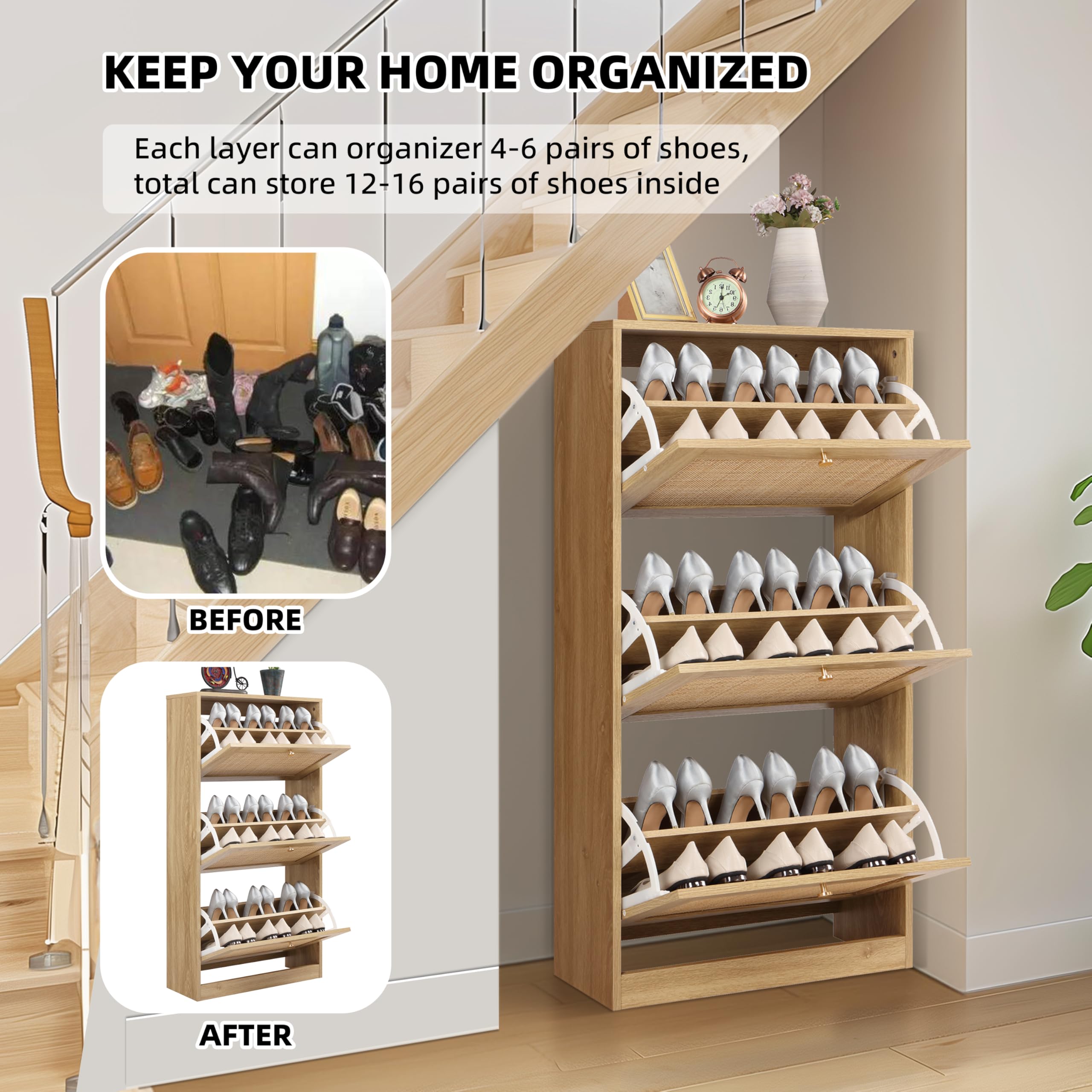 Finnhomy 3 Tier Shoe Cabinet with Natural Rattan Flip Drawers for Entryway, Free Standing Slim Shoe Storage Organizer with Large Top Board, Shoe Cabinet with Adjustable Width Drawers, Black