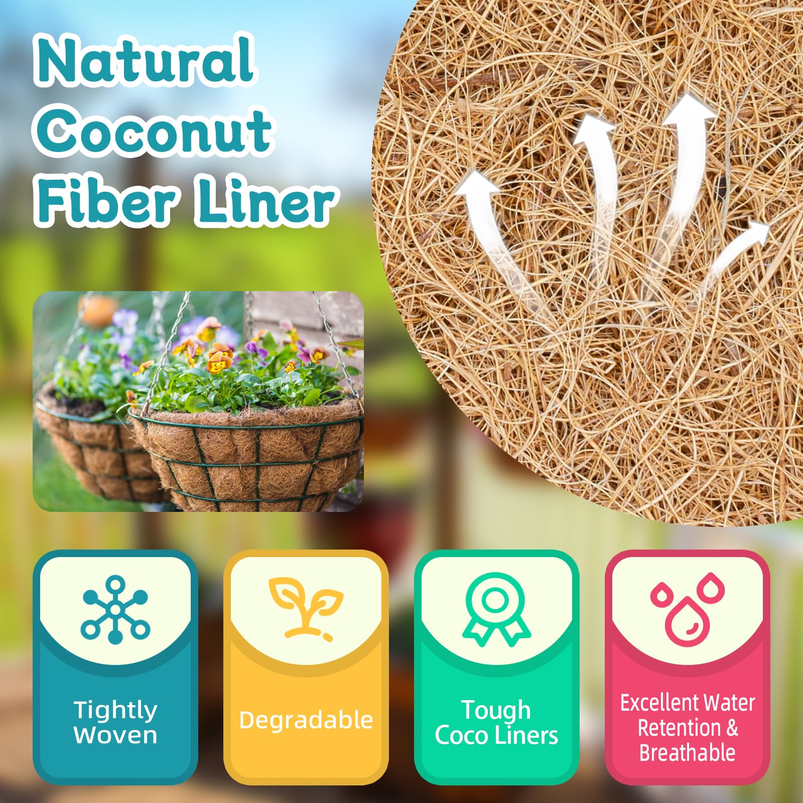 Riare 2 Pack 12 Inch Round Coco Liners Replacement, 100% Natural Coconut Coir Liners for Hanging Baskets, Garden Flower Vegetables Planter Pot, Window Box, Fence, Decks