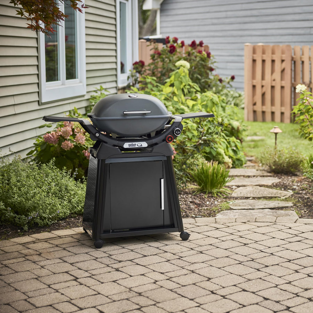 Weber Q 2800N+ Liquid Propane Grill with Stand, Charcoal Grey – Wide 250°–700°F Temp Range with Plus Burner for Searing, Low‑Temp Roasting & High-Dome Lid