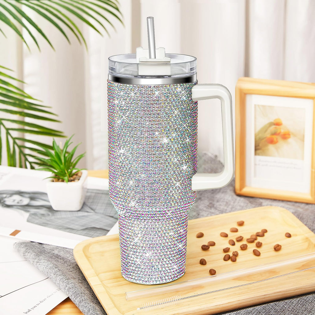 HWISDMIG 40oz Tumbler with Handle-Glitter Rhinestones Tumbler Bling Cups Stainless Steel Water Bottle Diamond Studded Tumbler for Women-Birthday Gifts for Women, Mom, Girlfriend (Amethyst)