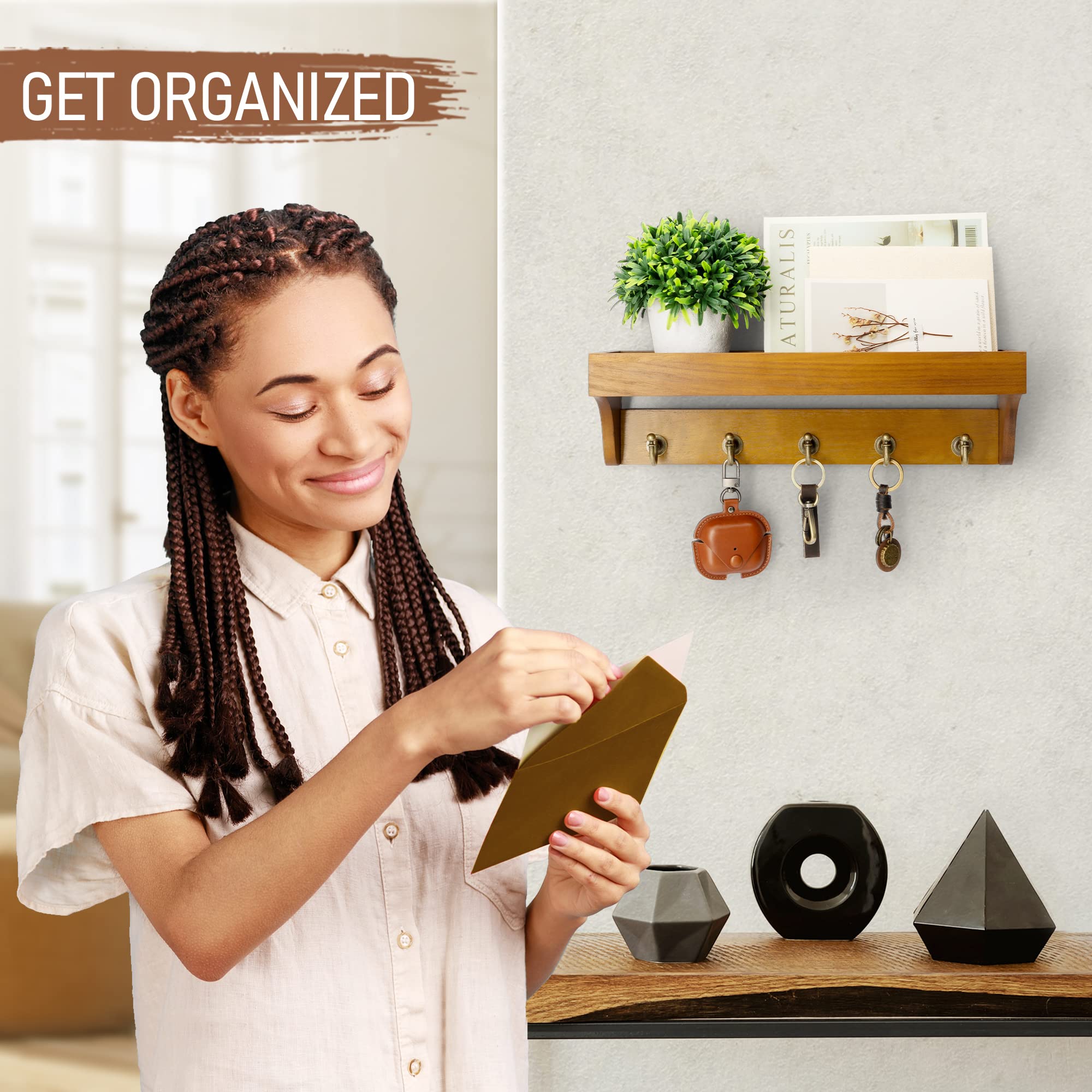 Rebee Vision Acacia Wood Farmhouse Key Holder Wall Mount for Room Decor – Retro Key Holder for Wall with Shelf for Cute Things– Stylish Home Storage for Apartment Essentials (Acacia Wood)