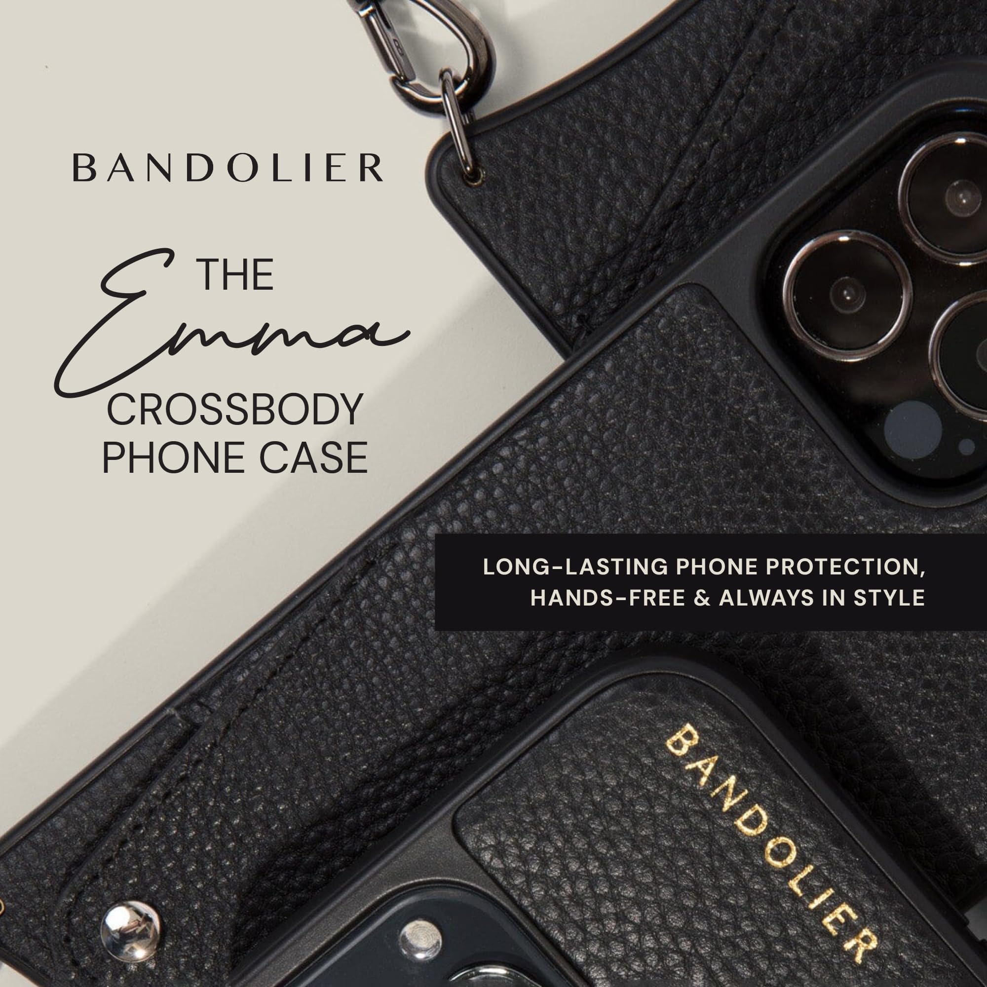 Bandolier Emma Crossbody Wallet Phone Case for iPhone 15 Pro Max. 100% Genuine Pebble Leather. Adjustable & Removable Crossbody Strap. Card Holder with Snap Closure. Black with Gold Hardware