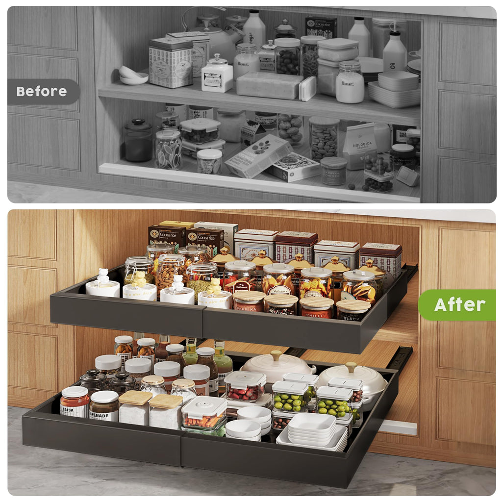 Seinloes 4 Pack Pull Out Cabinet Organizers 21" Deep With Raising Pad for Framed Cabinets, Expandable Width (15.2"-26.3") Slide Out Drawers Upgrade 3 Slide Rails, Roll Out Shelves Adhesive, Black