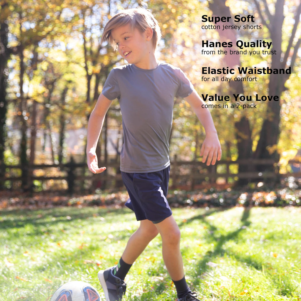 Hanes Boys Jersey Shorts Pack, 2-Pack, Cotton Shorts for Boys with Pockets, Pull-On Shorts