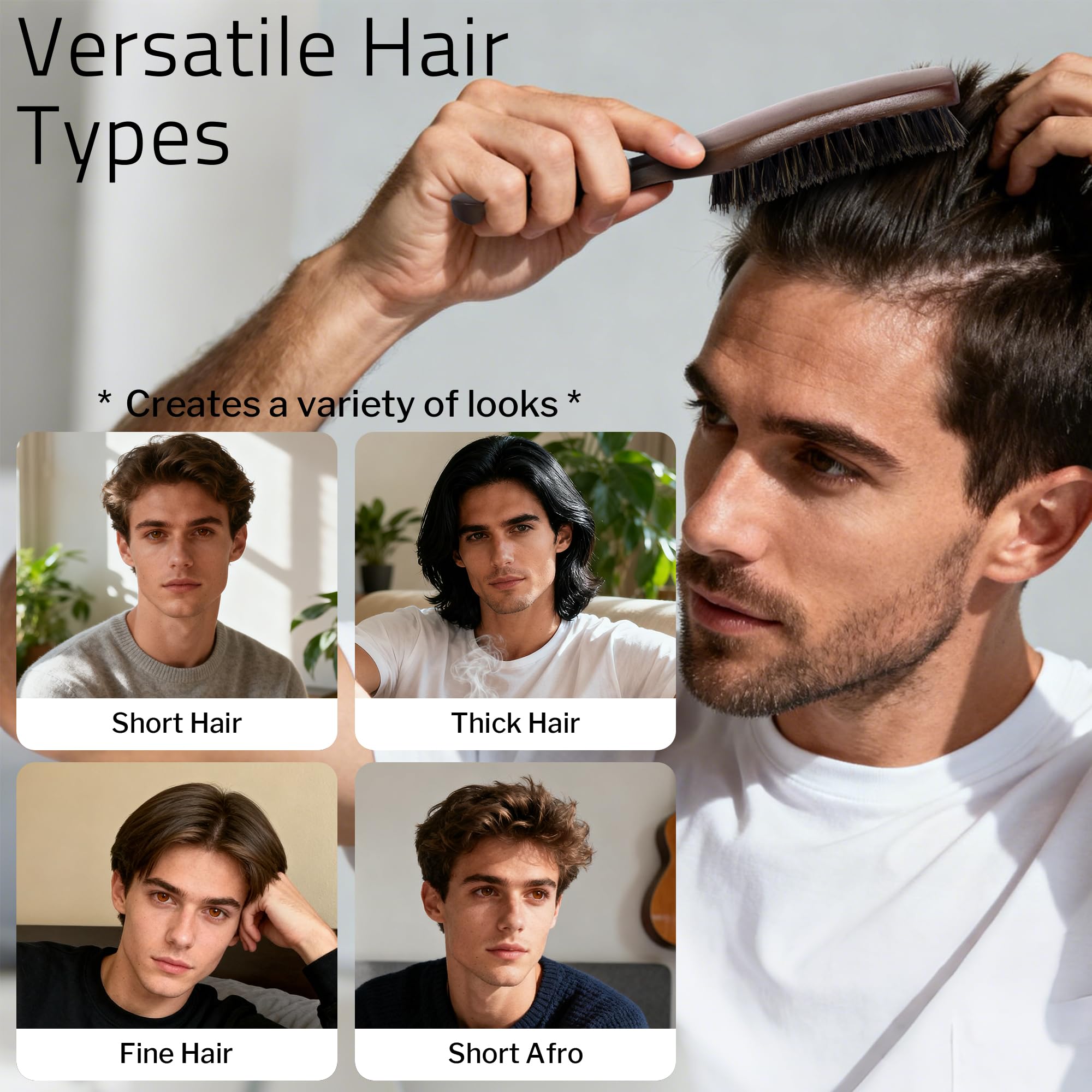 STYLEMATE Boar Bristle Hair Brush for Men, Slick Back Mens Hair Brush with Stiff Bristles for Thick & Fine Hair, Beard Brush with Natural Black Walnut Wooden Handle