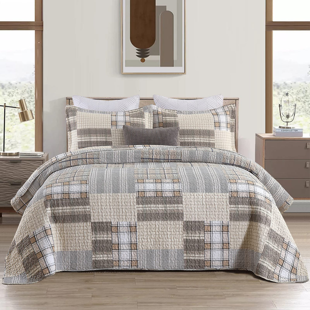 Y-PLWOMEN 100% Cotton Farmhouse Plaid Lightweight 3-Pieces Quilt Set (Blue Brown, Queen90 * 98 Inch)