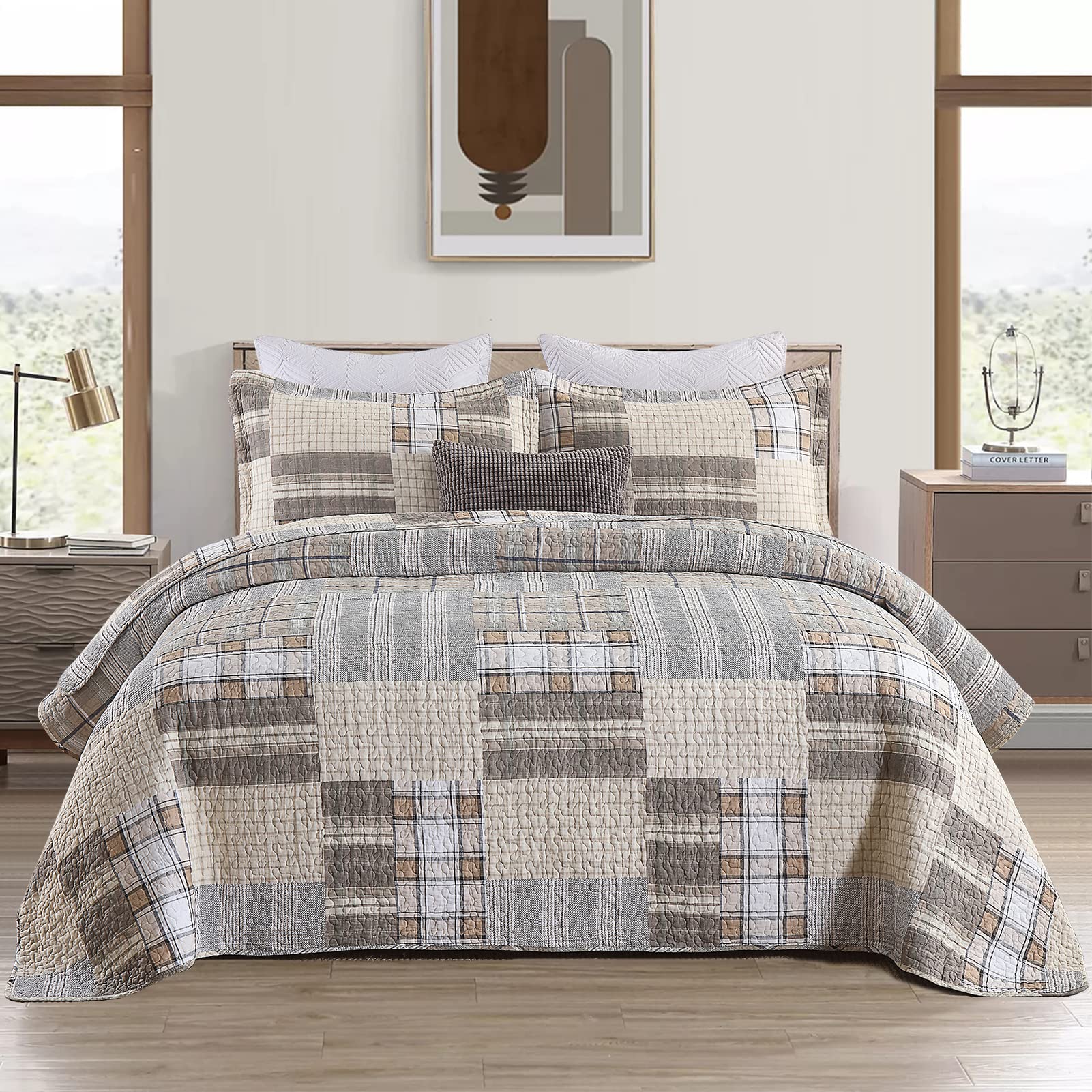 Y-PLWOMEN 100% Cotton Farmhouse Plaid Lightweight 3-Pieces Quilt Set (Blue Brown, Queen90 * 98 Inch)
