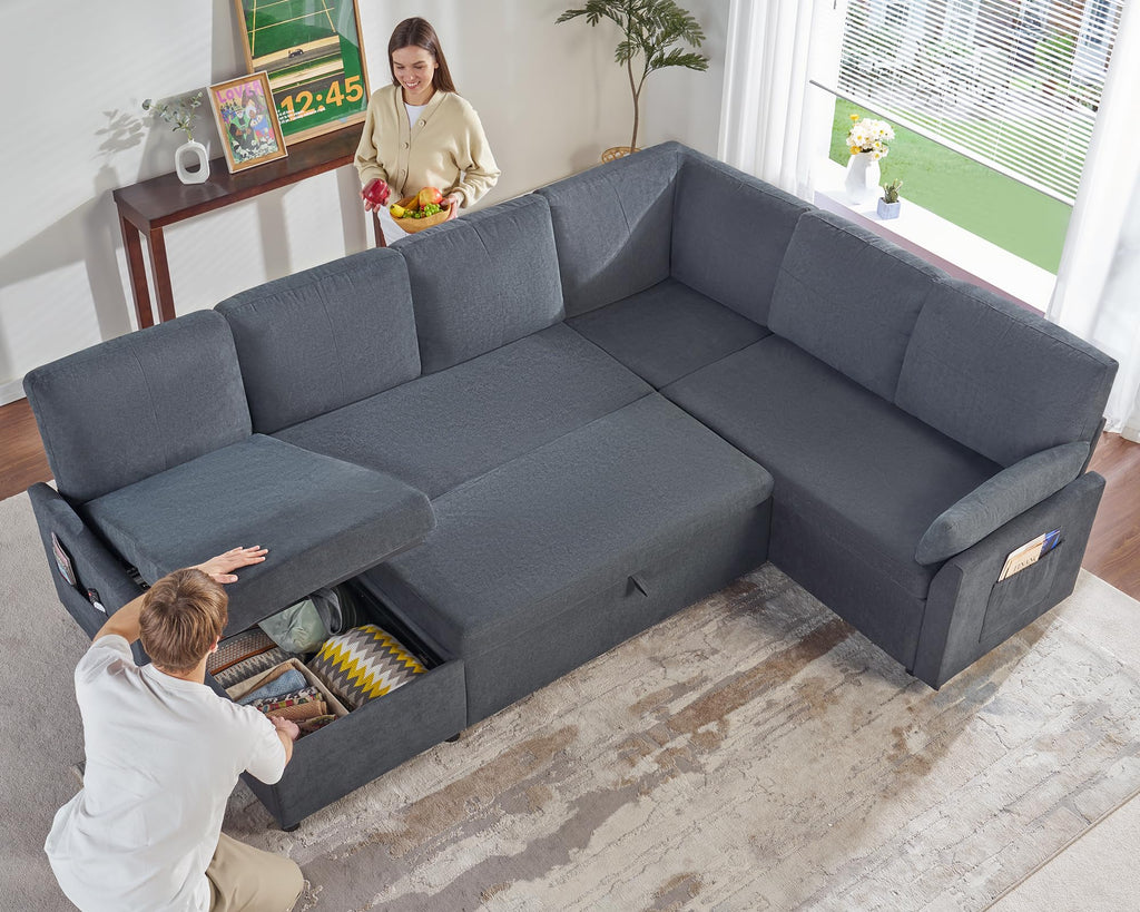 PaPaJet Sofa Bed, Sleeper Sofa with Storage Chaise, L Shaped Sofa with Pull Out Bed, Oversized Sofas for Living Room, Beige