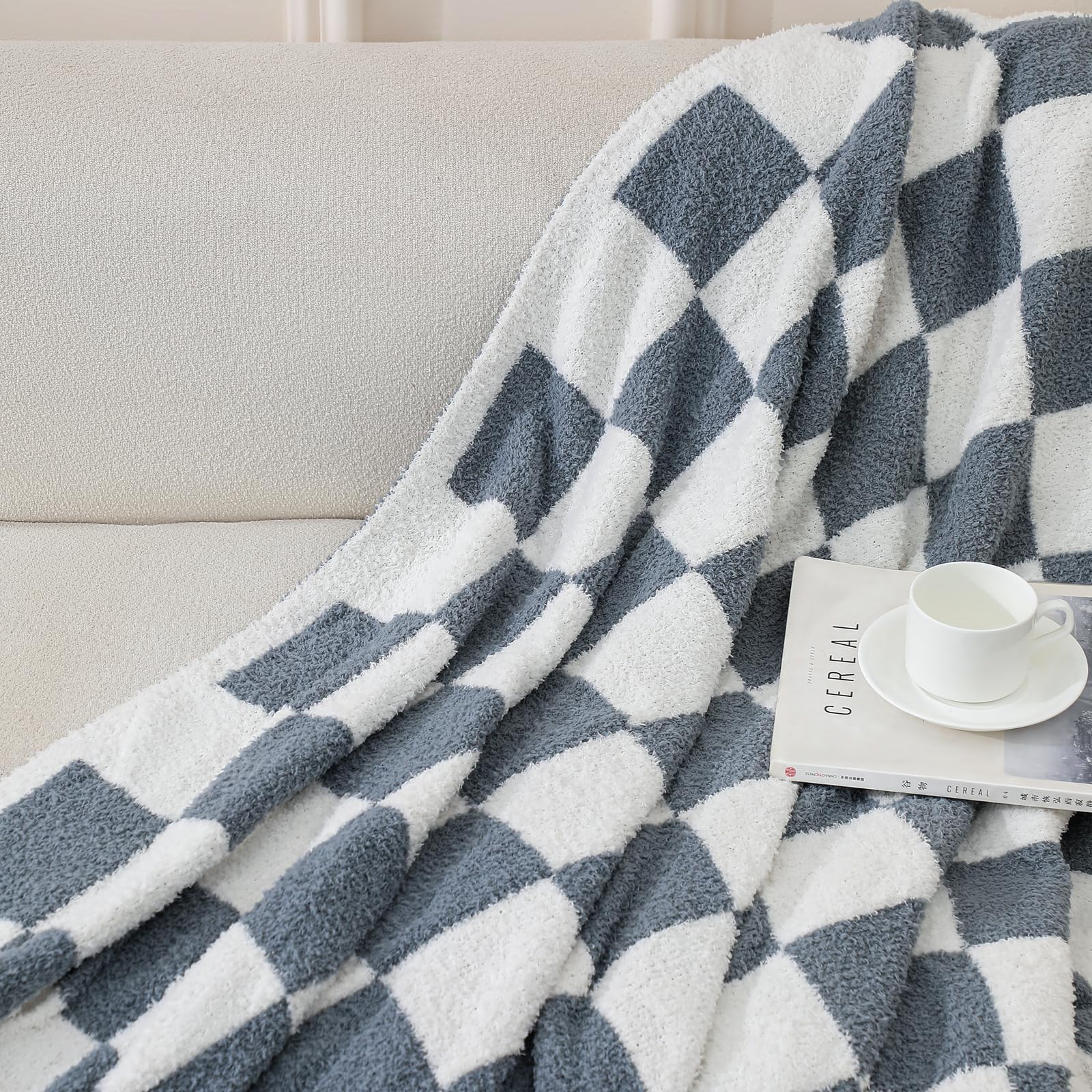 bearberry Fuzzy Checkerboard Grid Throw Blanket Soft Cozy Warm Microfiber All Season Blanket Decor for Couch Sofa Bed Travel Home (Avocado Green, 50''x60'')
