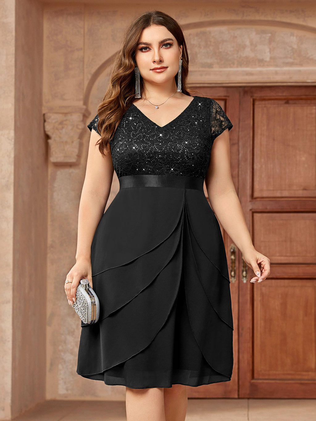 Miusol Women's Plus Size Sequin Lace V Neck Ruffle Tiered Chiffon Cocktail Party Dress