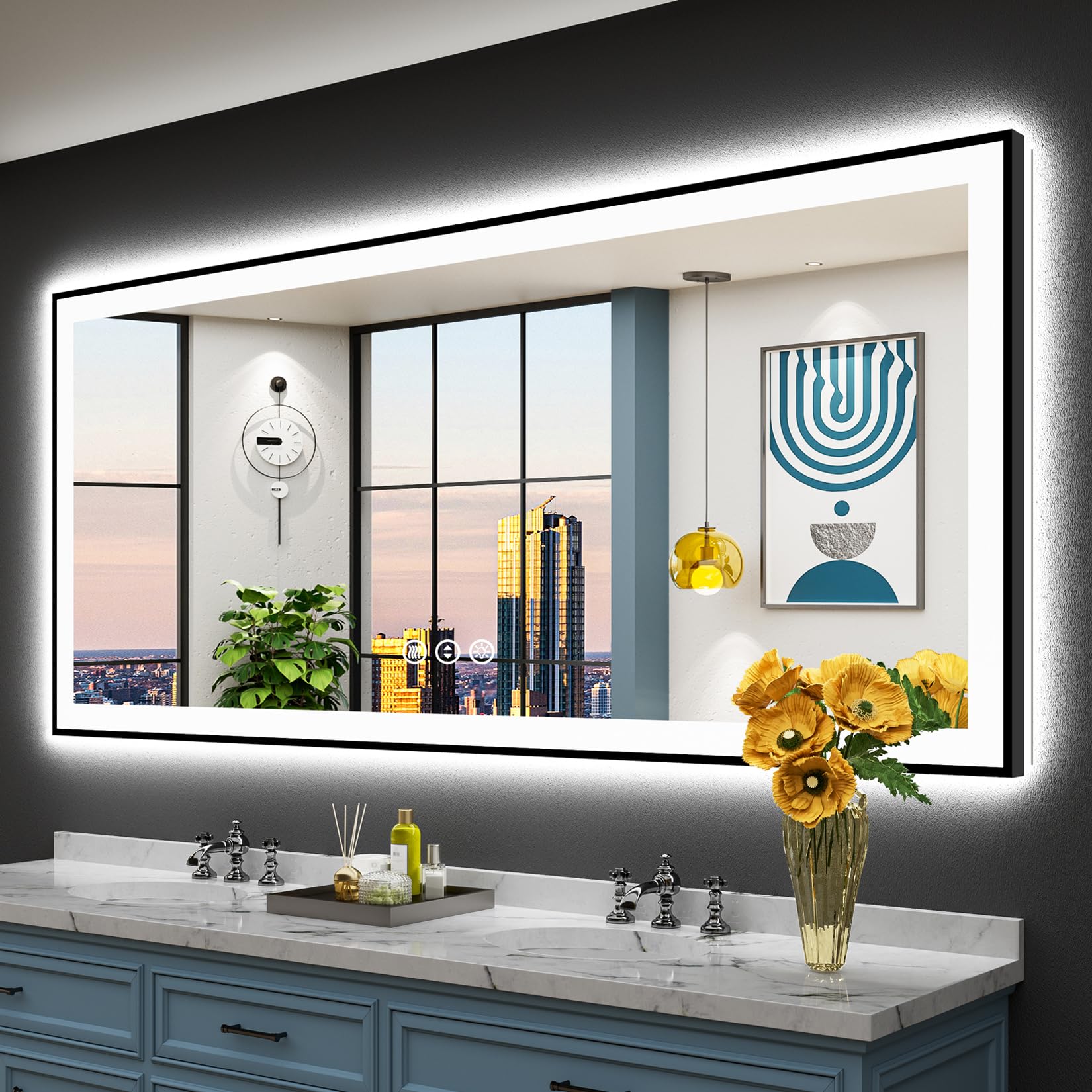 24x32 Black Framed LED Bathroom Mirror with Lights, Backlit and Front Lit Anti-Fog Lighted Vanity Mirrors for Bathroom Wall, Dimmable, 3 Colors, Memory, HD Tempered Glass, Horizontal/Vertical