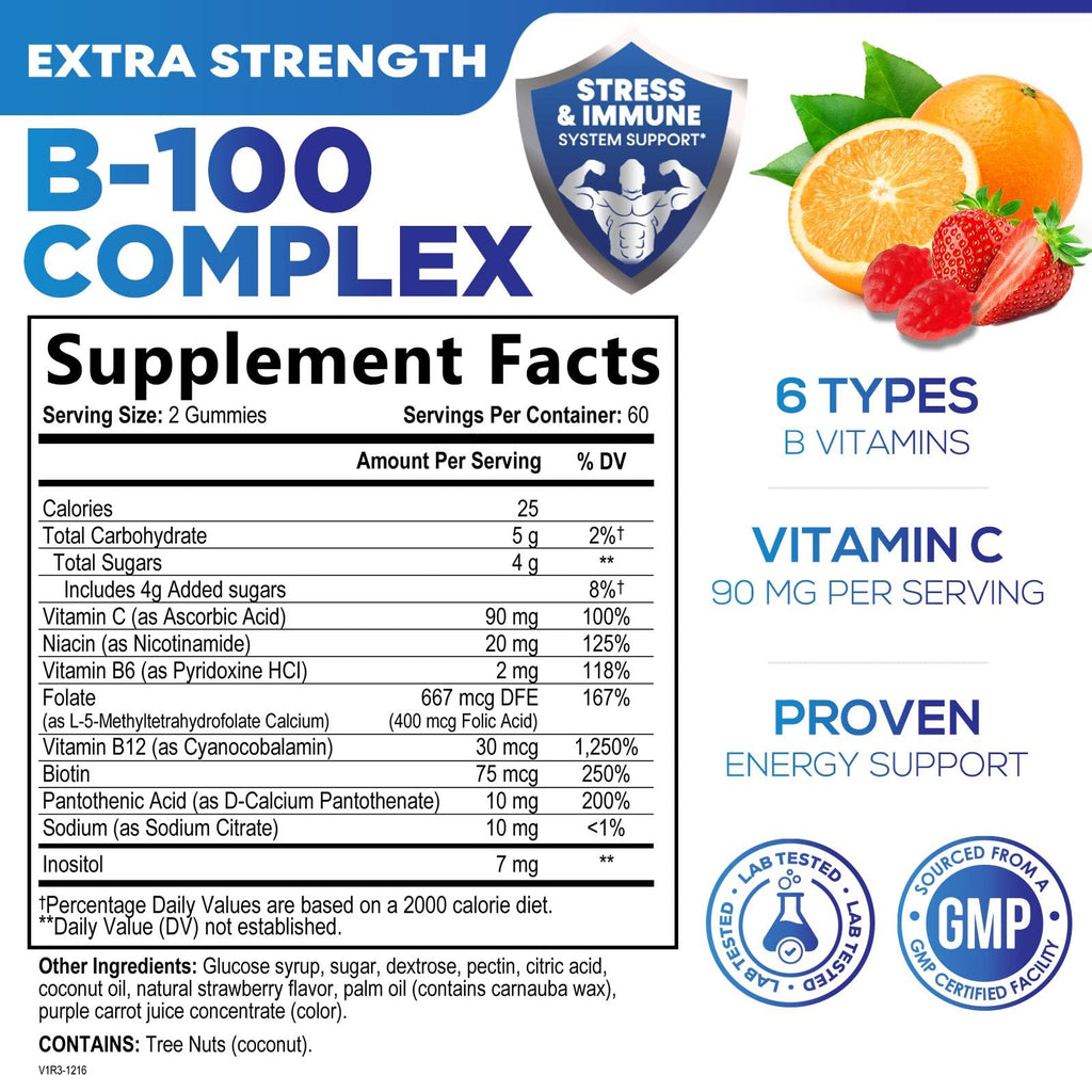 Vitamin B Complex Gummies - Extra Strength Super B Vitamin Gummy with Vitamin C, Immune Support for Men & Women - Energy and Brain Support Supplements with Folic Acid, Niacin, B6, B12 - 60 Gummies