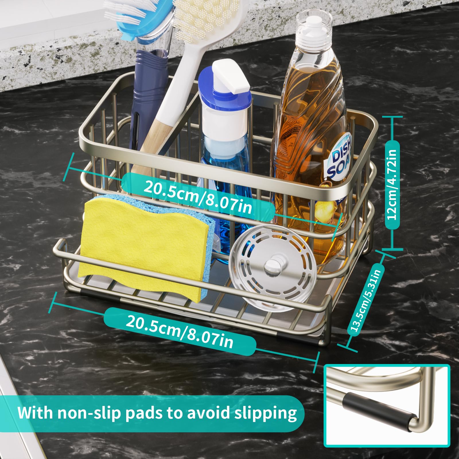 HapiRm Kitchen Sink Organizer, SUS304 Stainless Steel Rustproof Multifunctional Large Sink Caddy with Sponge Holder and Drain Tray for Kitchen Countertop (Silver)