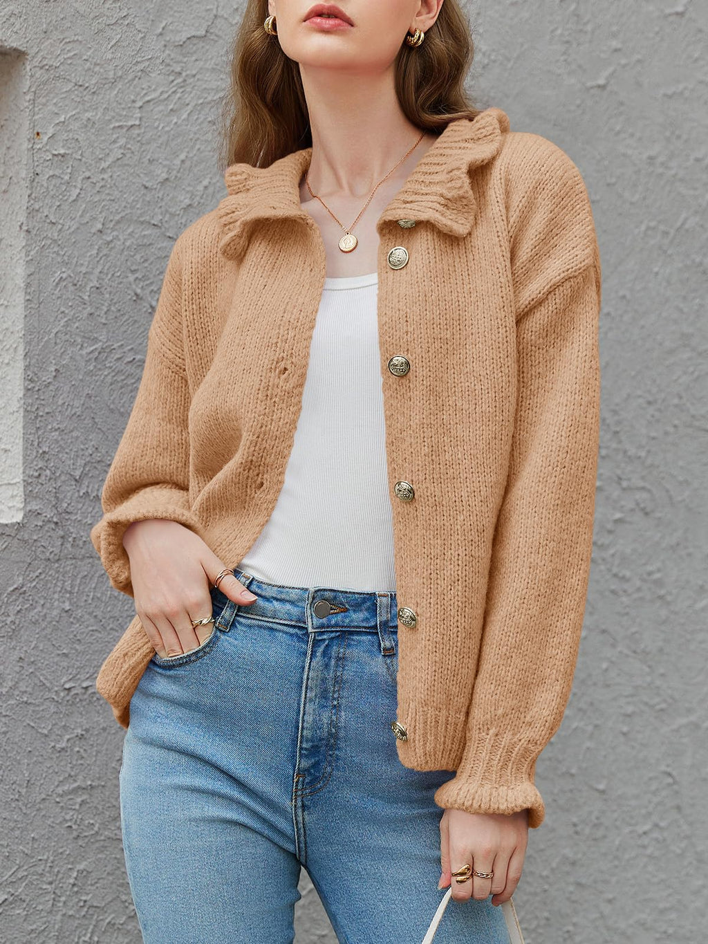 Saodimallsu Womens Ruffle Cardigan Oversized Button Up Fall Trendy Ribbed Knit Open Front Long Sleeve Loose Cute Sweater