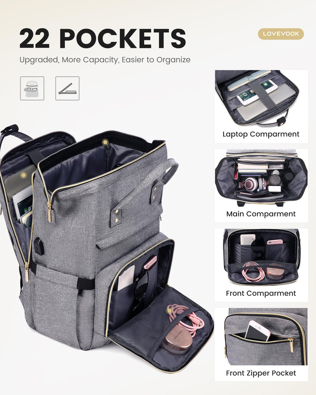 LOVEVOOK Laptop Backpack for Women with Giant Tumbler Holder Pocket, 15.6 Inch Work Daypack for Teacher Nurse, Computer College Bookbag Purse, Waterproof Travel Back Pack with USB Charging Port